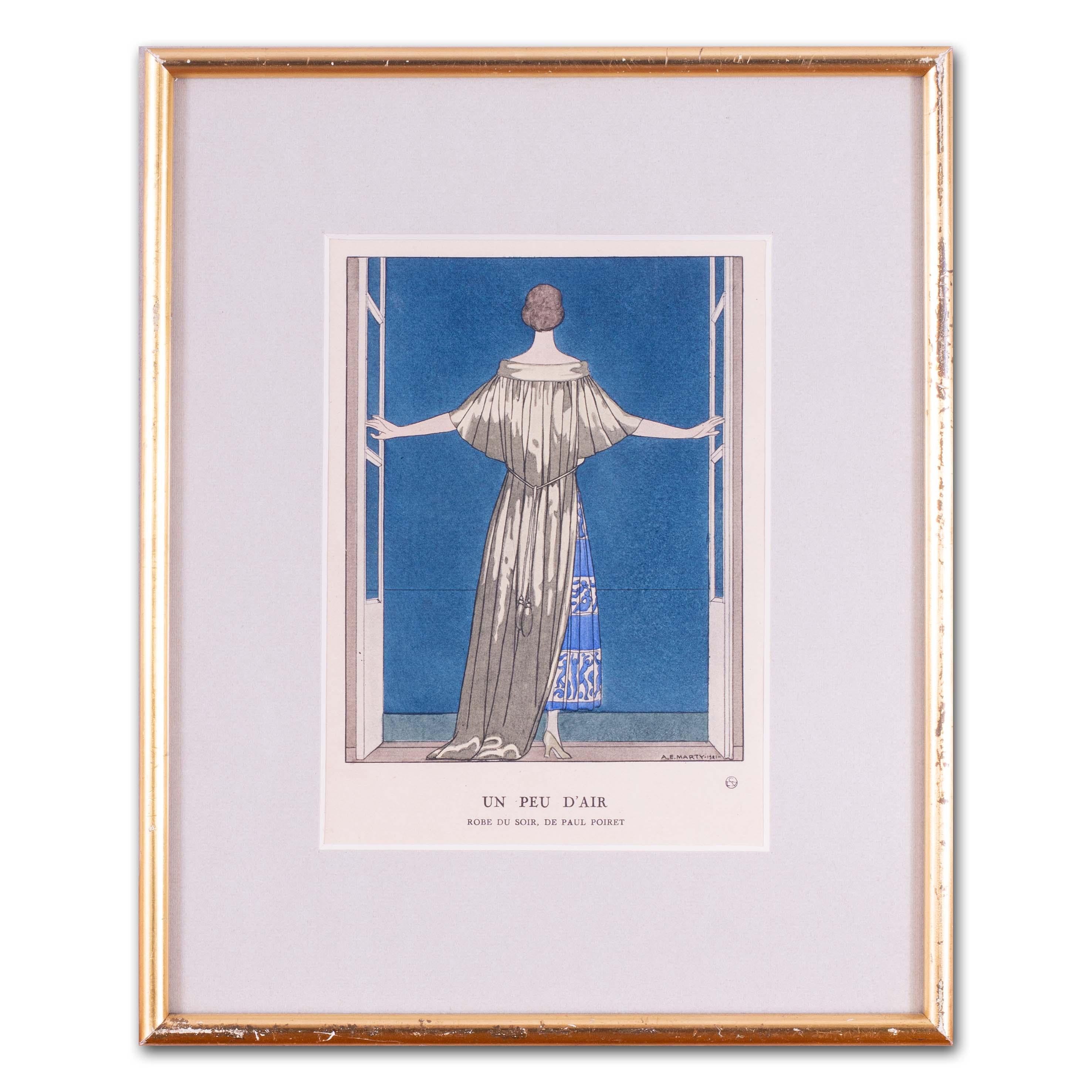Après Andre Edouard Marty
Un peu d'air, robe du soir de Paul Poiret, 1921
Lithographie coloriée à la main avec aquarelle
Signé, inscrit et daté dans l'assiette
8.1/8 x 5,7/8 po (20,7 x 15 cm)
