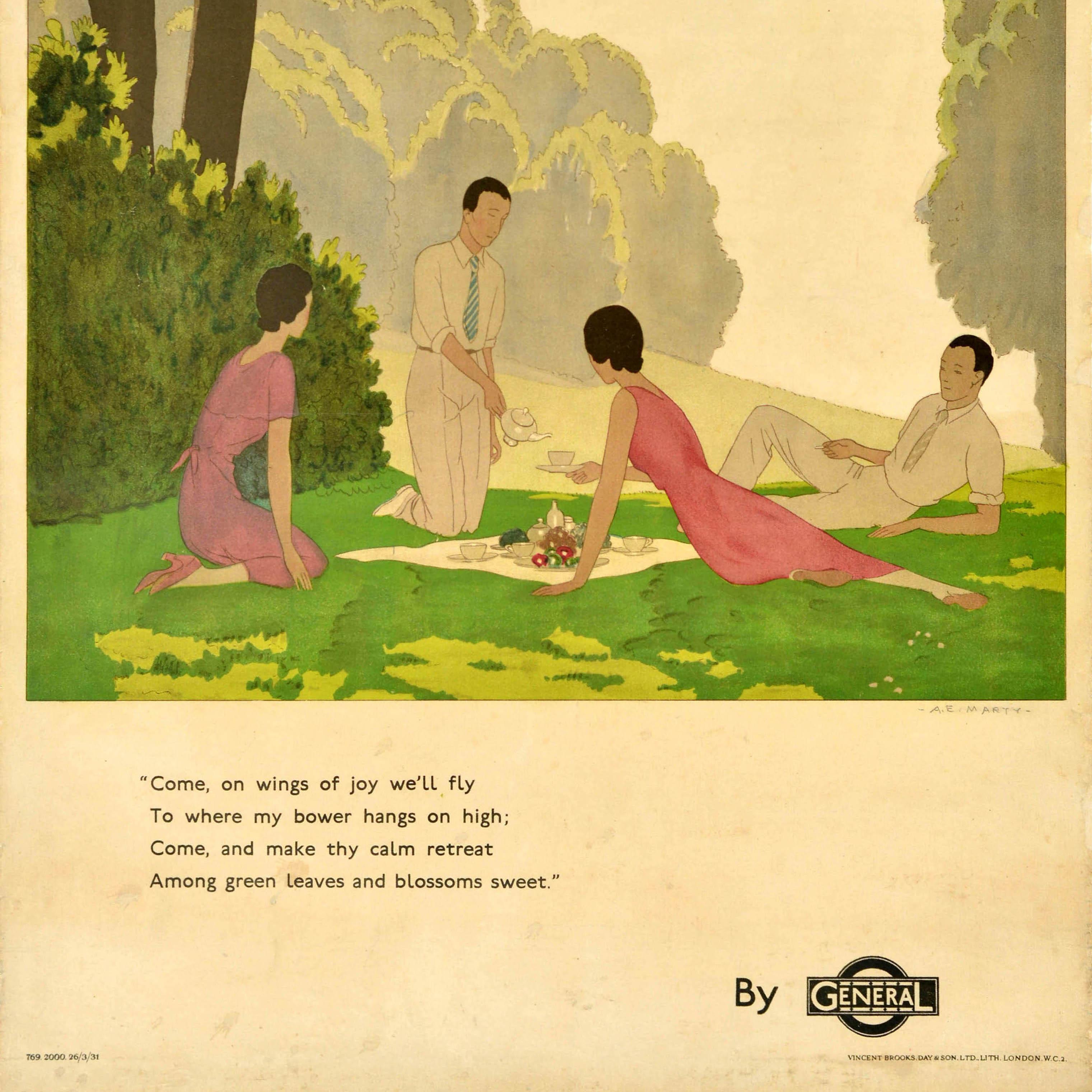 Poster di viaggio originale d'epoca dei trasporti londinesi Wings Of Joy General Art Deco - Print Arancia di Andre-Edouard Marty