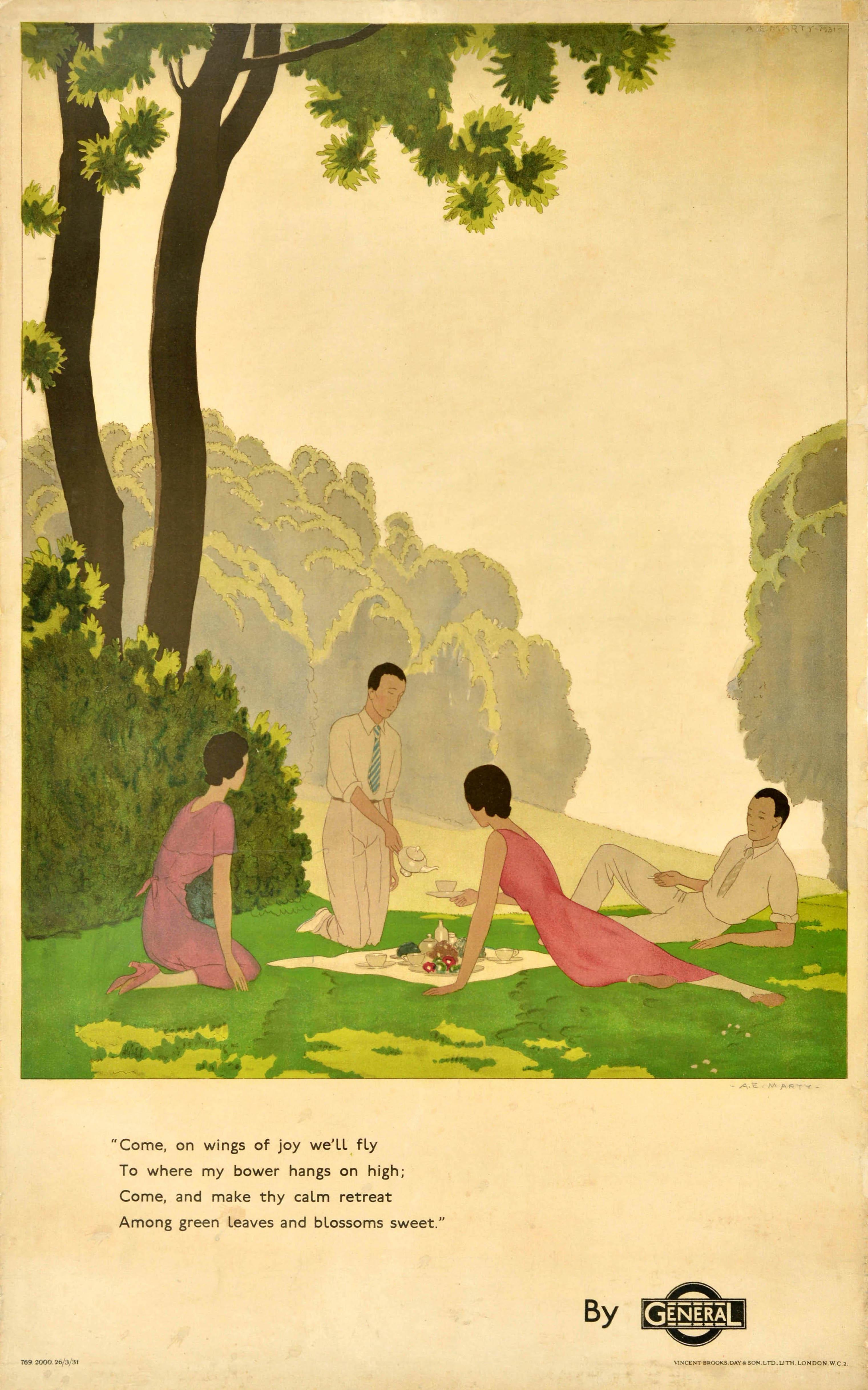Print di Andre-Edouard Marty - Poster di viaggio originale d'epoca dei trasporti londinesi Wings Of Joy General Art Deco