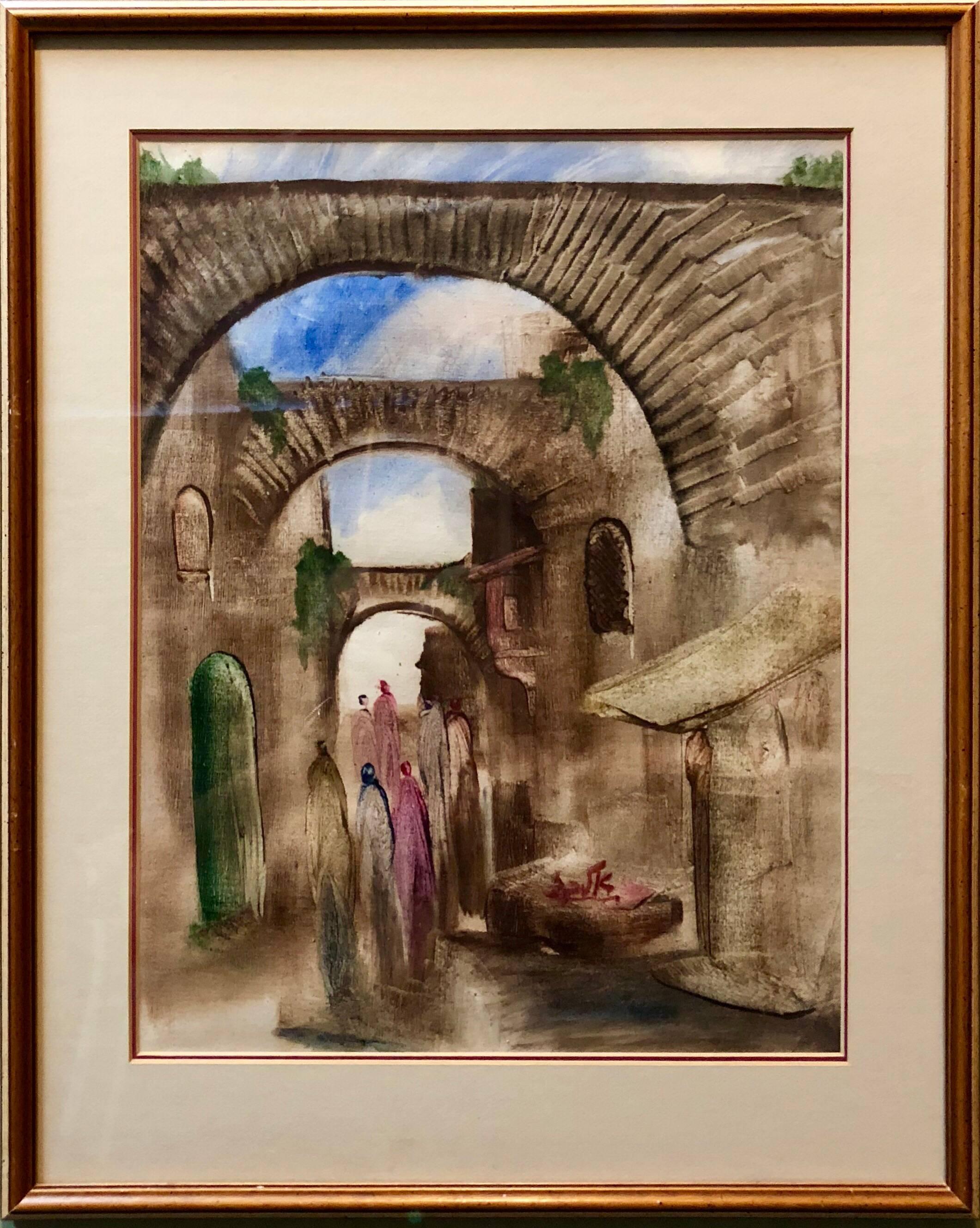 Jerusalemer Altstadtlandschaft, expressionistisches israelisches Gemälde aus Judaica – Painting von Andre Elbaz