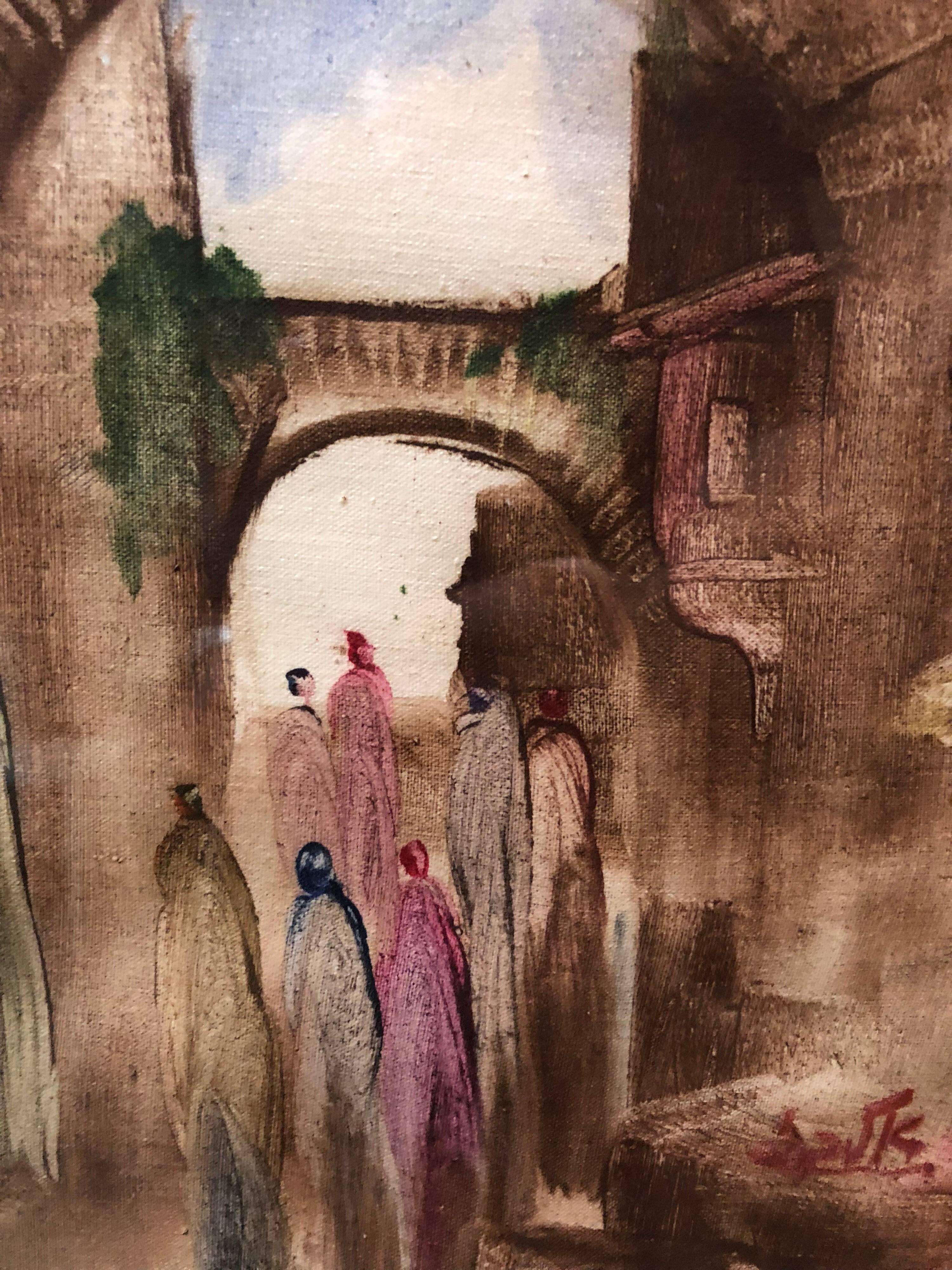 Jerusalemer Altstadtlandschaft, expressionistisches israelisches Gemälde aus Judaica (Expressionismus), Painting, von Andre Elbaz
