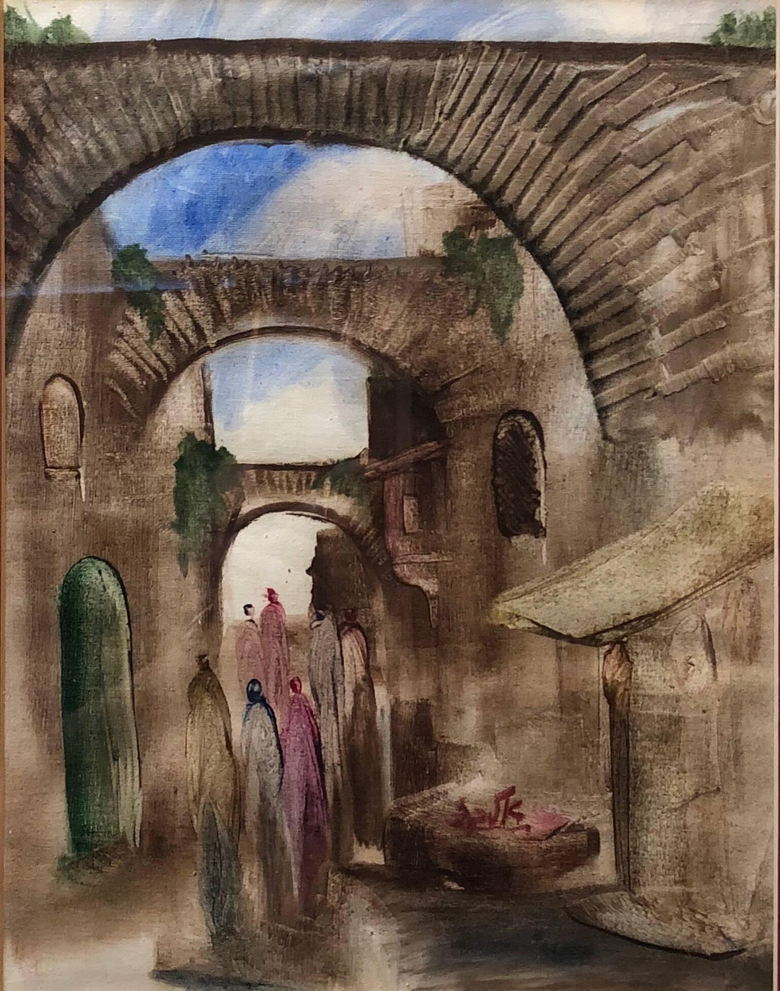 Jerusalemer Altstadtlandschaft, expressionistisches israelisches Gemälde aus Judaica