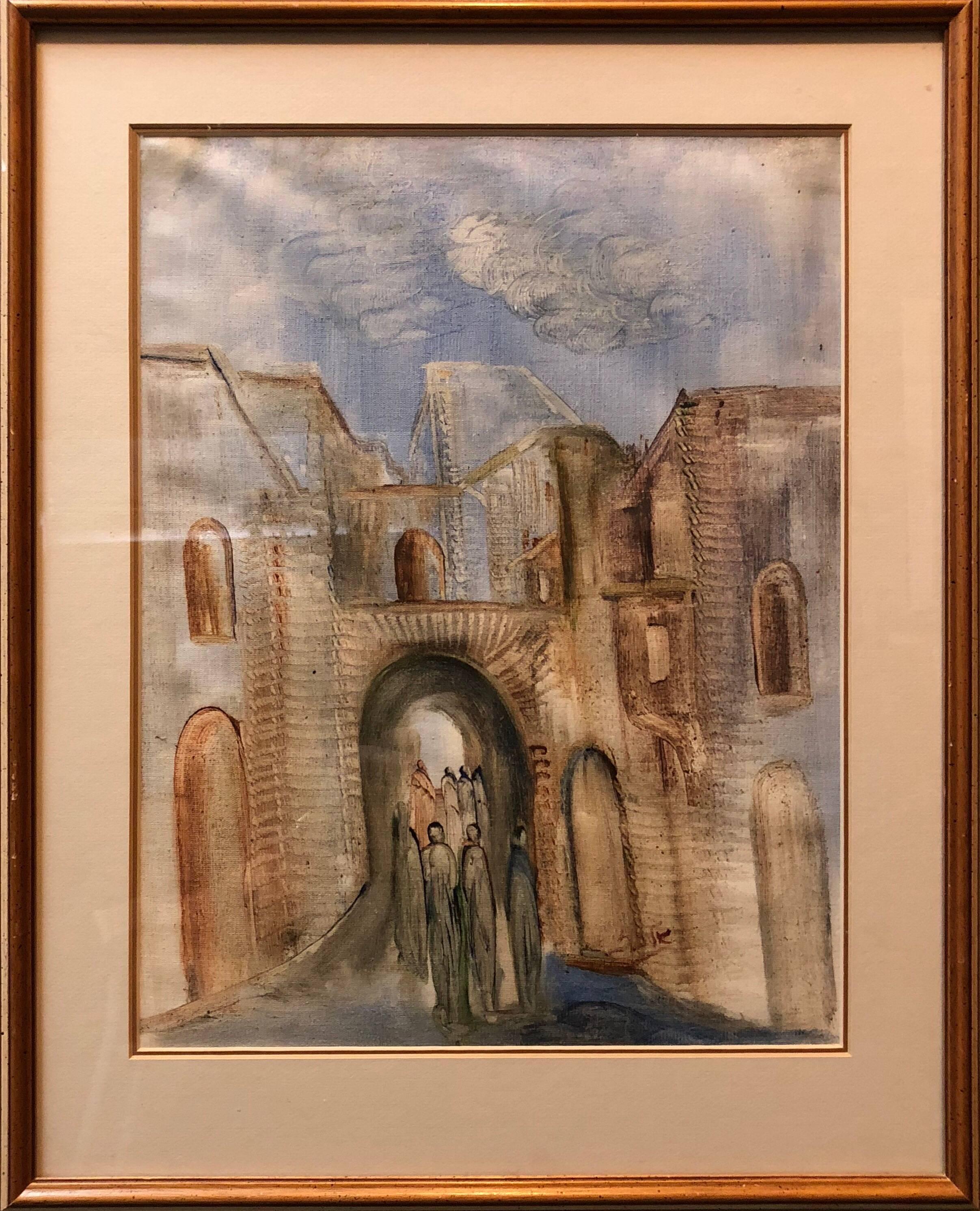 Jerusalemer Altstadtlandschaft, expressionistisches Judaica-Gemälde II – Art von Andre Elbaz