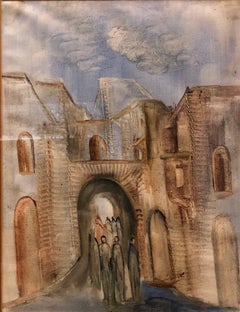 Vintage Jerusalem Old City Landscape, Expressionist Judaica Israeli Painting II