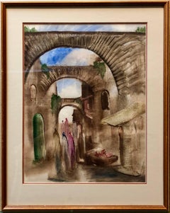 Jerusalem Old City Landscape, Expressionist Judaica Israeli Painting