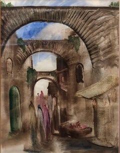 Vintage Jerusalem Old City Landscape, Expressionist Judaica Israeli Painting