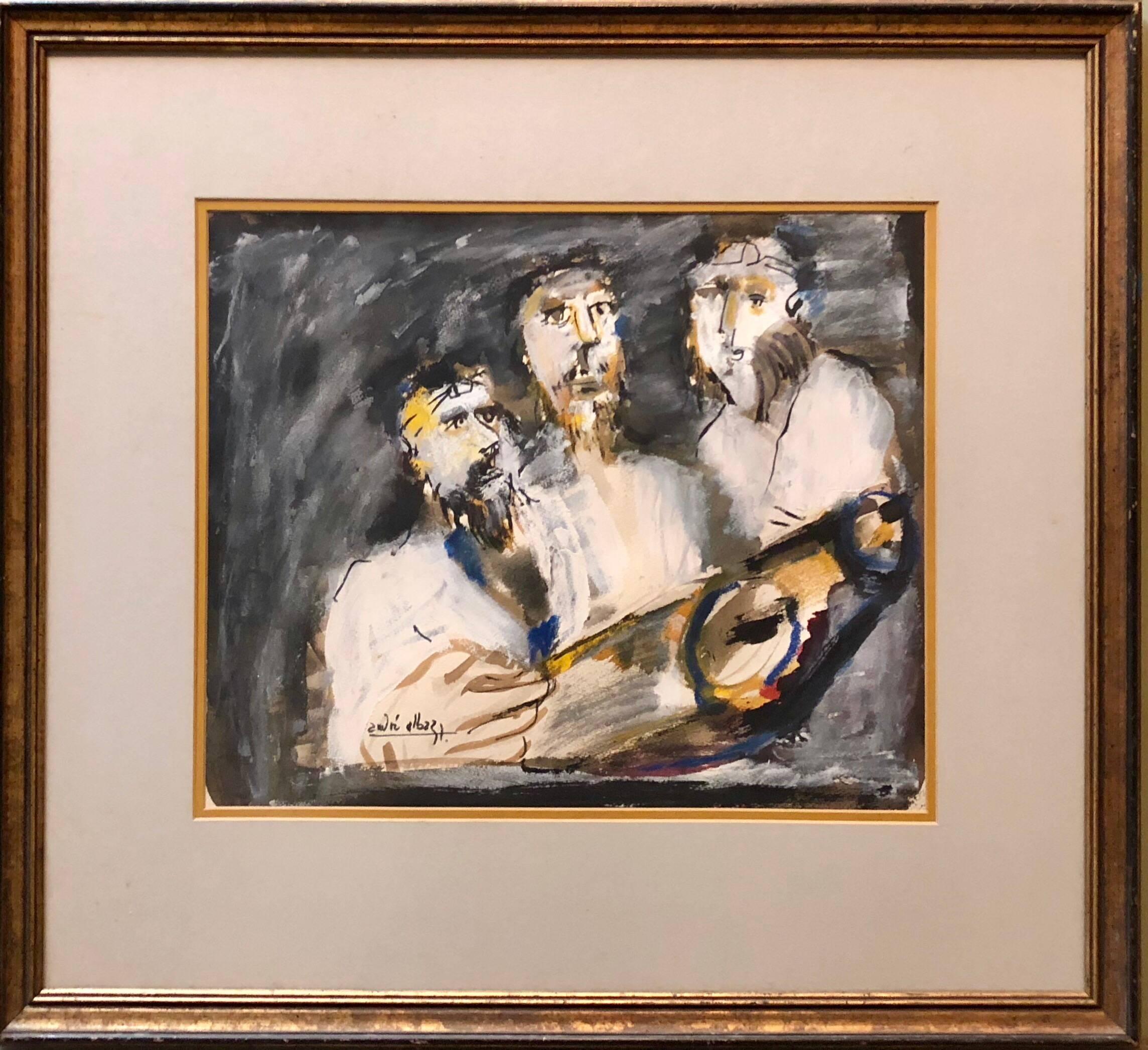 Three Rabbis at The Torah, Expressionist Judaica Painting - Art by Andre Elbaz