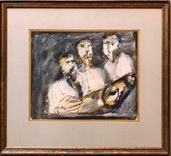 Three Rabbis at The Torah, Expressionist Judaica Painting