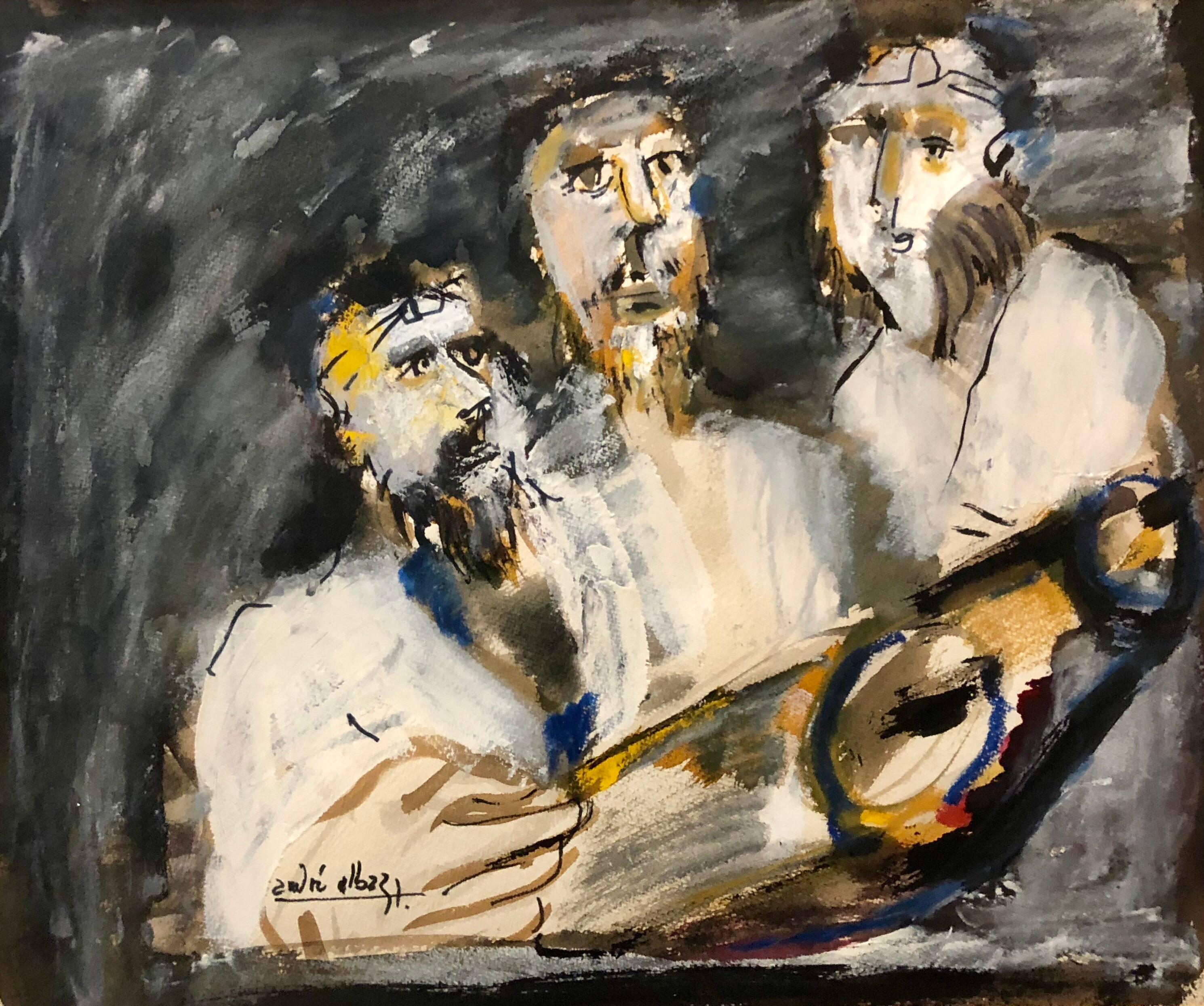 Andre Elbaz Figurative Art – Drei Kaninchen in der Torah, expressionistisches Judaica-Gemälde