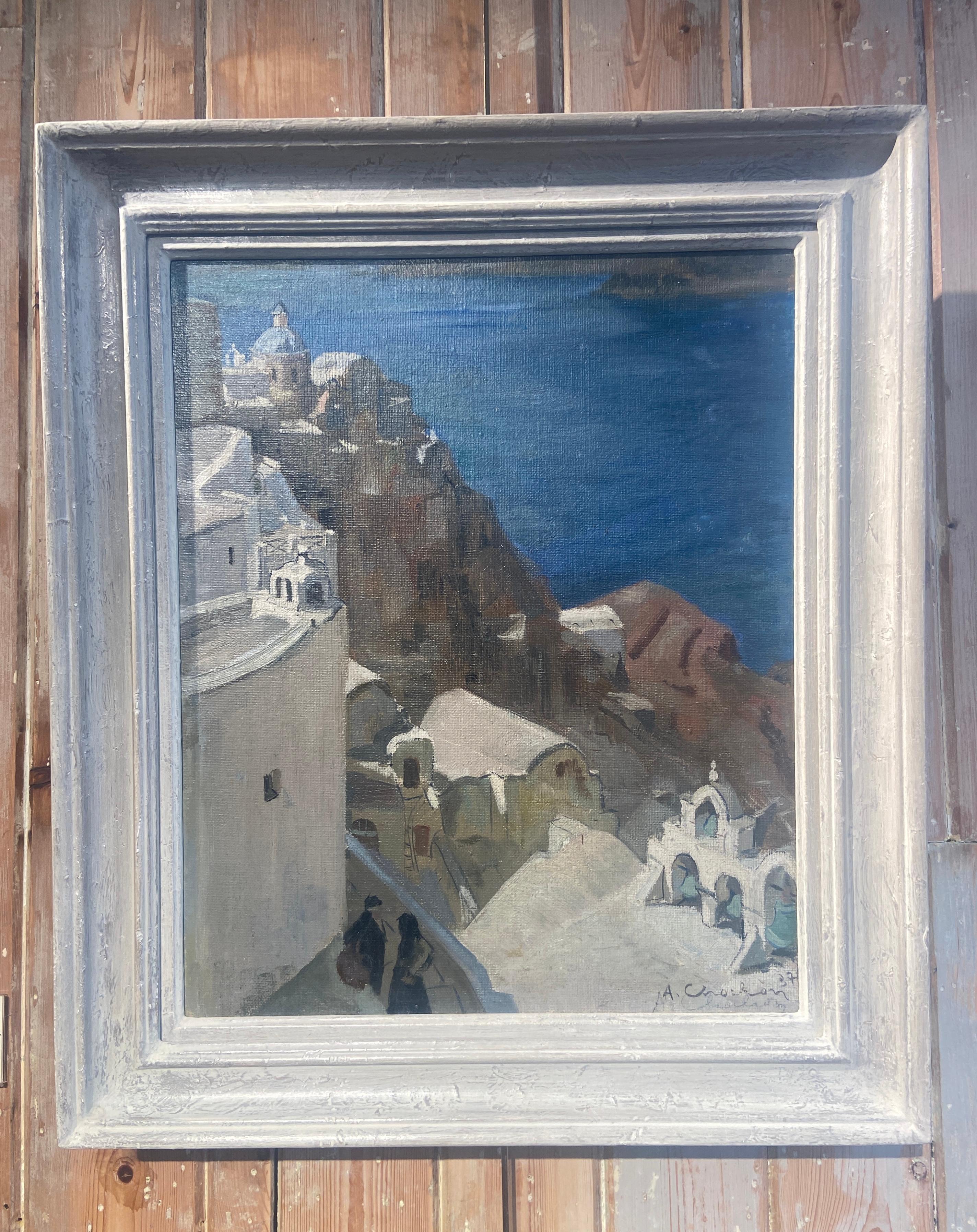 Un village côtier grec, paysage à l'huile signé de l'école française du vingtième siècle - Painting de Andre Eugene Louis Chochon