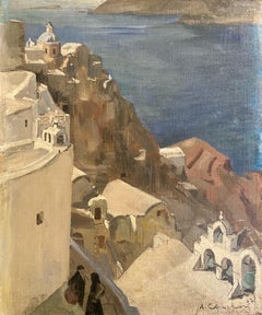 Un village côtier grec, paysage à l'huile signé de l'école française du vingtième siècle