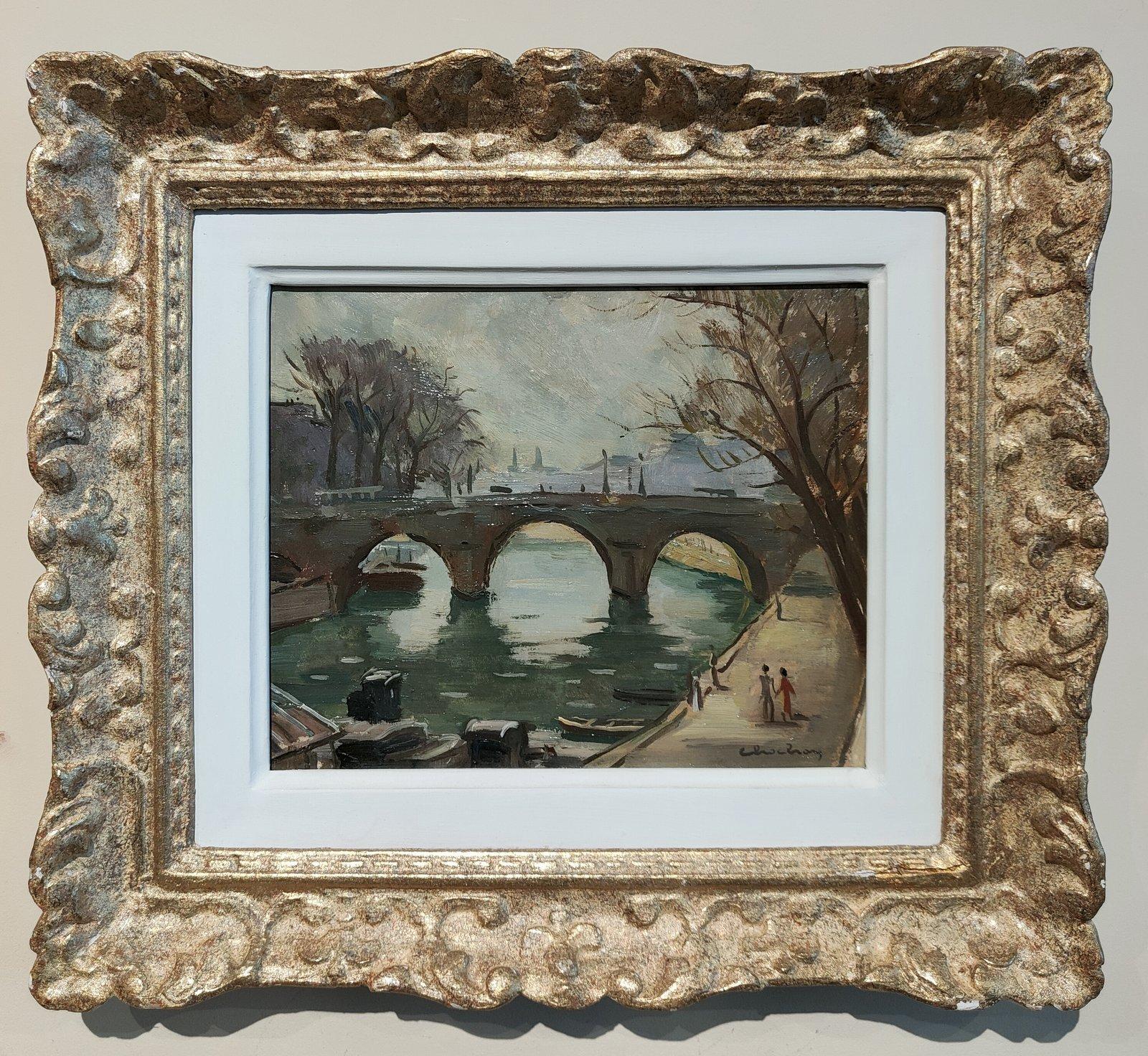 Oil Painting by Andre Eugene Louis Chochon "Bridge over the Seine" 1910 -2005 Studied Beaux Arts in Reines then exhibited at the society des Artistes. Francois from 1933, Grand Prix de Rome 1938, represented Poidou centre and Rees A.G. Oil on board