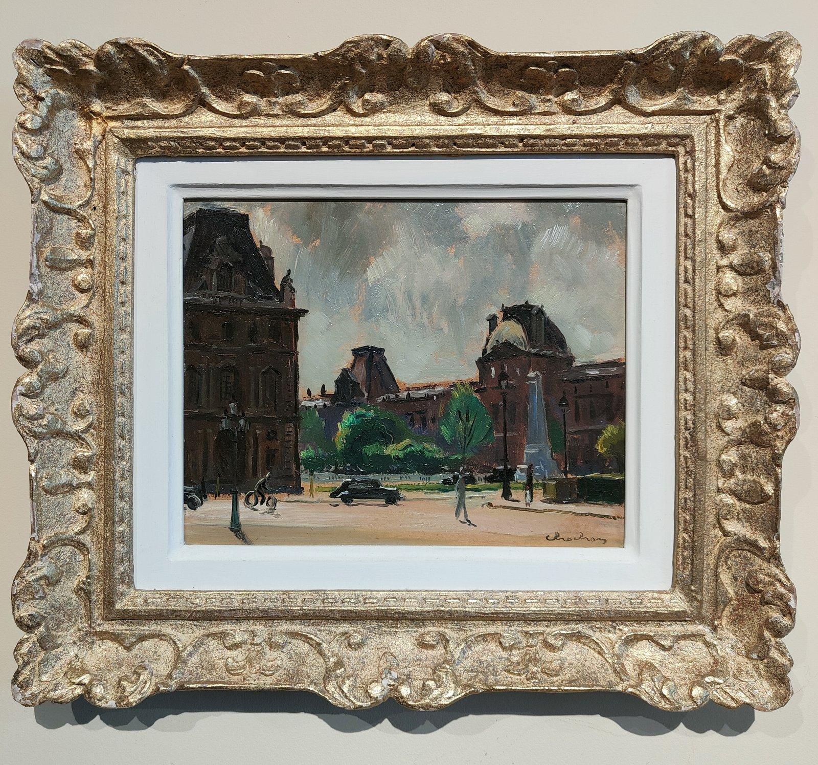 Oil Painting by Andre Eugene Louis Chochon "The Lourve" 1910 -2005 Studied Beaux Arts in Reines then exhibited at the society des Artistes. Francois from 1933, Grand Prix de Rome 1938, represented Poidou centre and Rees A.G. Oil on board 8 x 9.5.