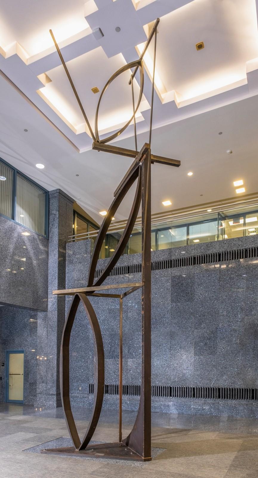 Andre Fauteux Abstract Sculpture - Transfiguration - Large scale, high modern abstract, steel and brass sculpture