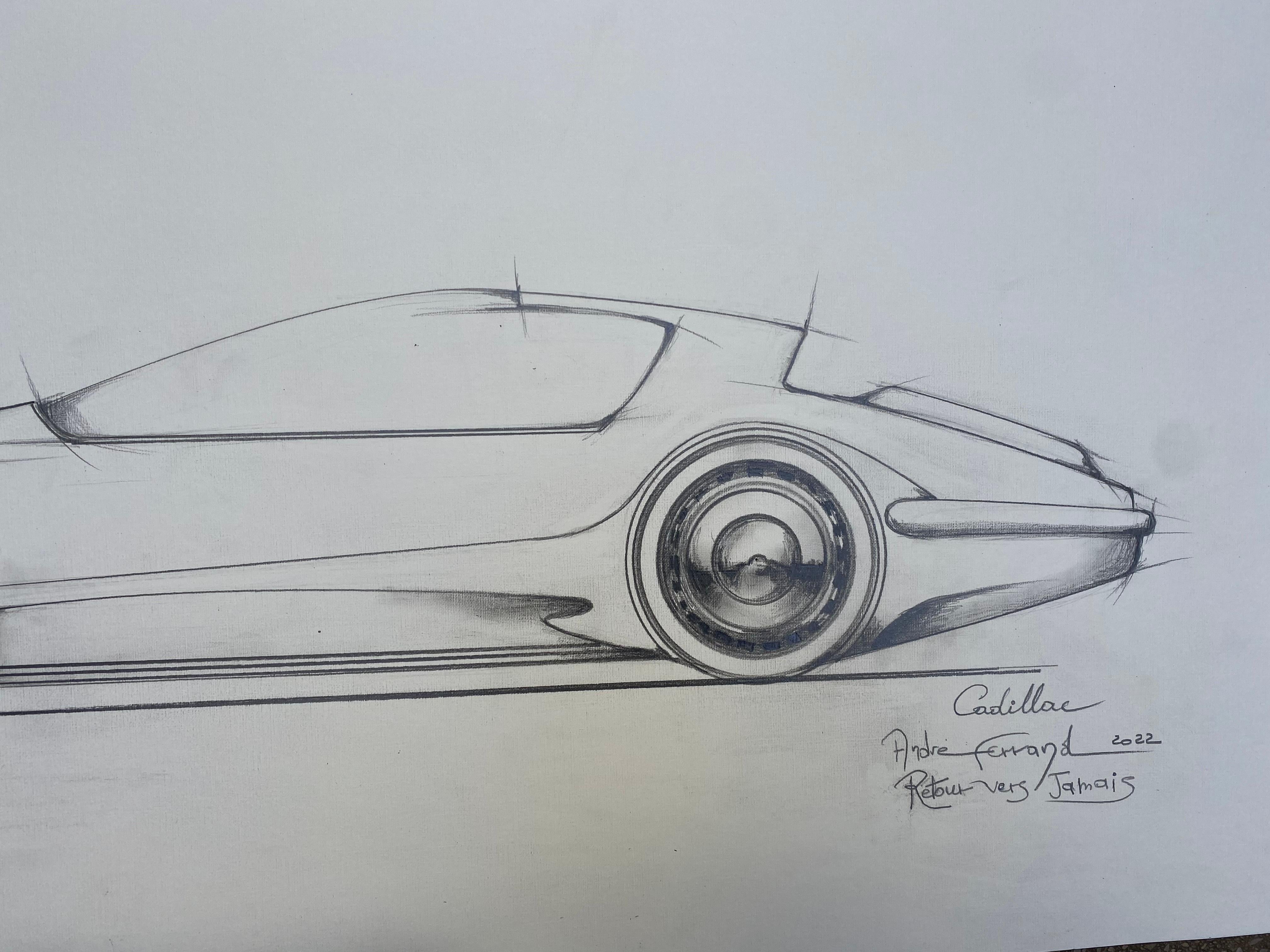 Paper André Ferrand, Cadillac Drawing “Back to Never” For Sale