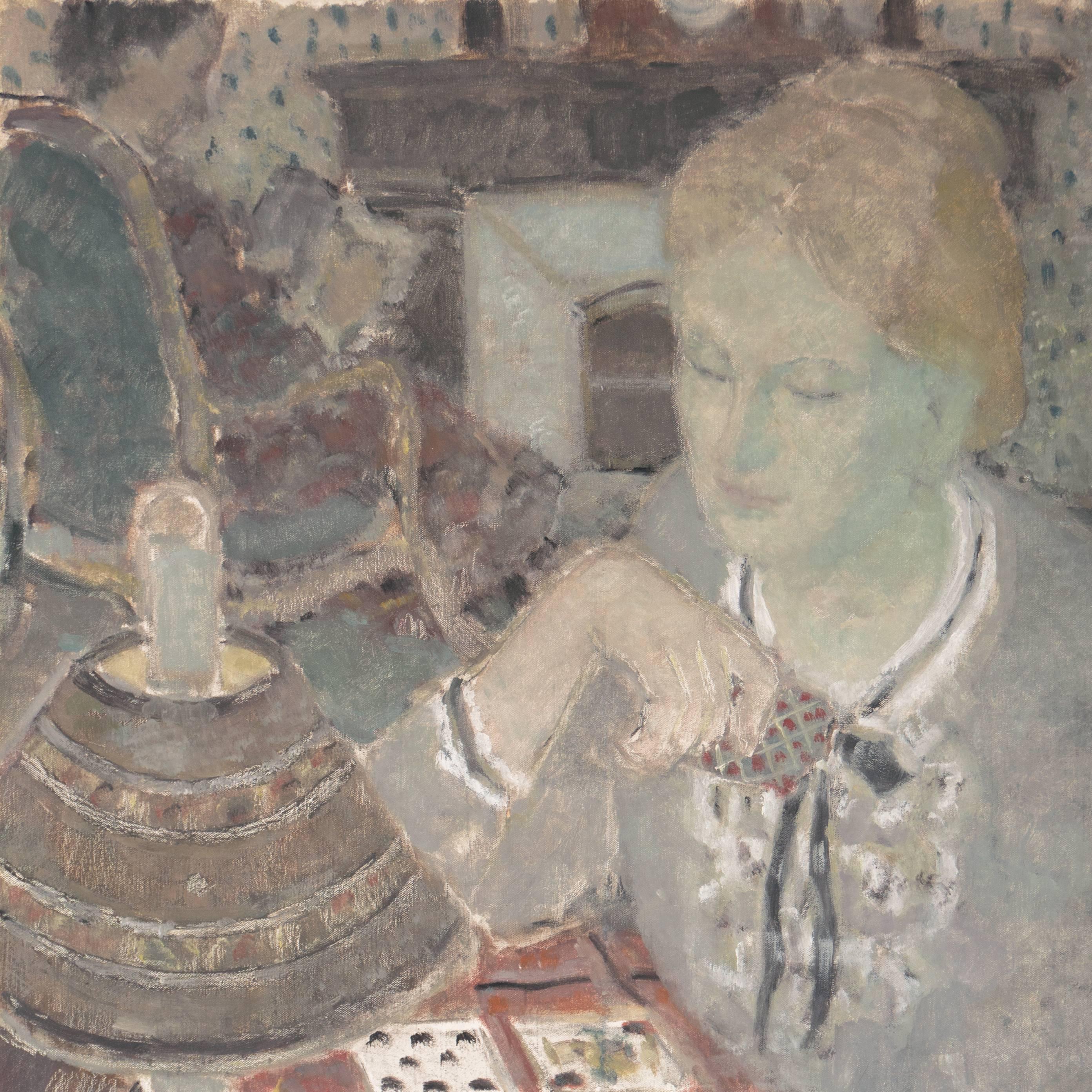 'Solitaire', Post-Impressionist Figural, Salon des Artistes Français, Benezit - Gray Figurative Painting by Andre Firmin Regagnon