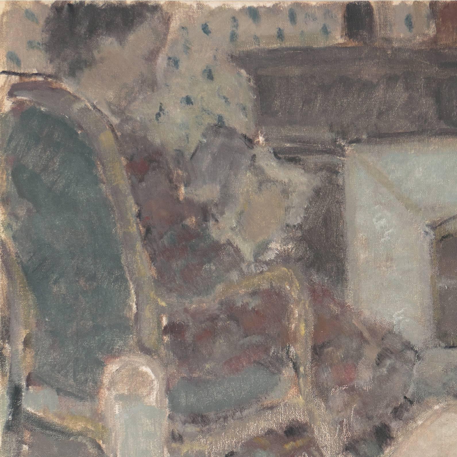 Signed lower right, 'Andre Regagnon' (French, 1902-1976) and painted circa 1935; additionally signed on label verso.

A substantial and lyrical 'Intimiste' work showing an interior scene with a seated woman playing solitaire by the soft light of an