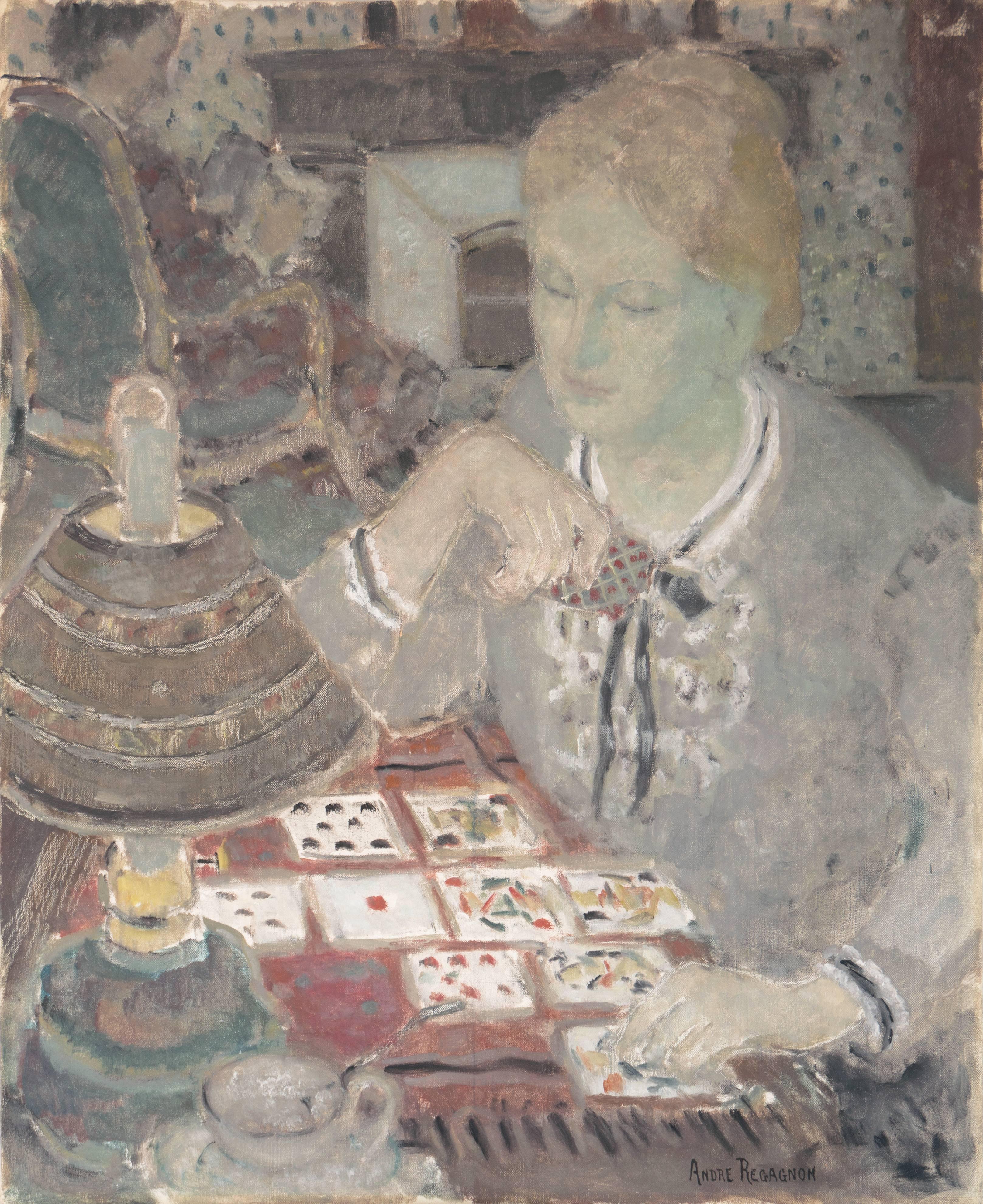 Andre Firmin Regagnon Figurative Painting - 'Solitaire', Post-Impressionist Figural, Salon des Artistes Français, Benezit