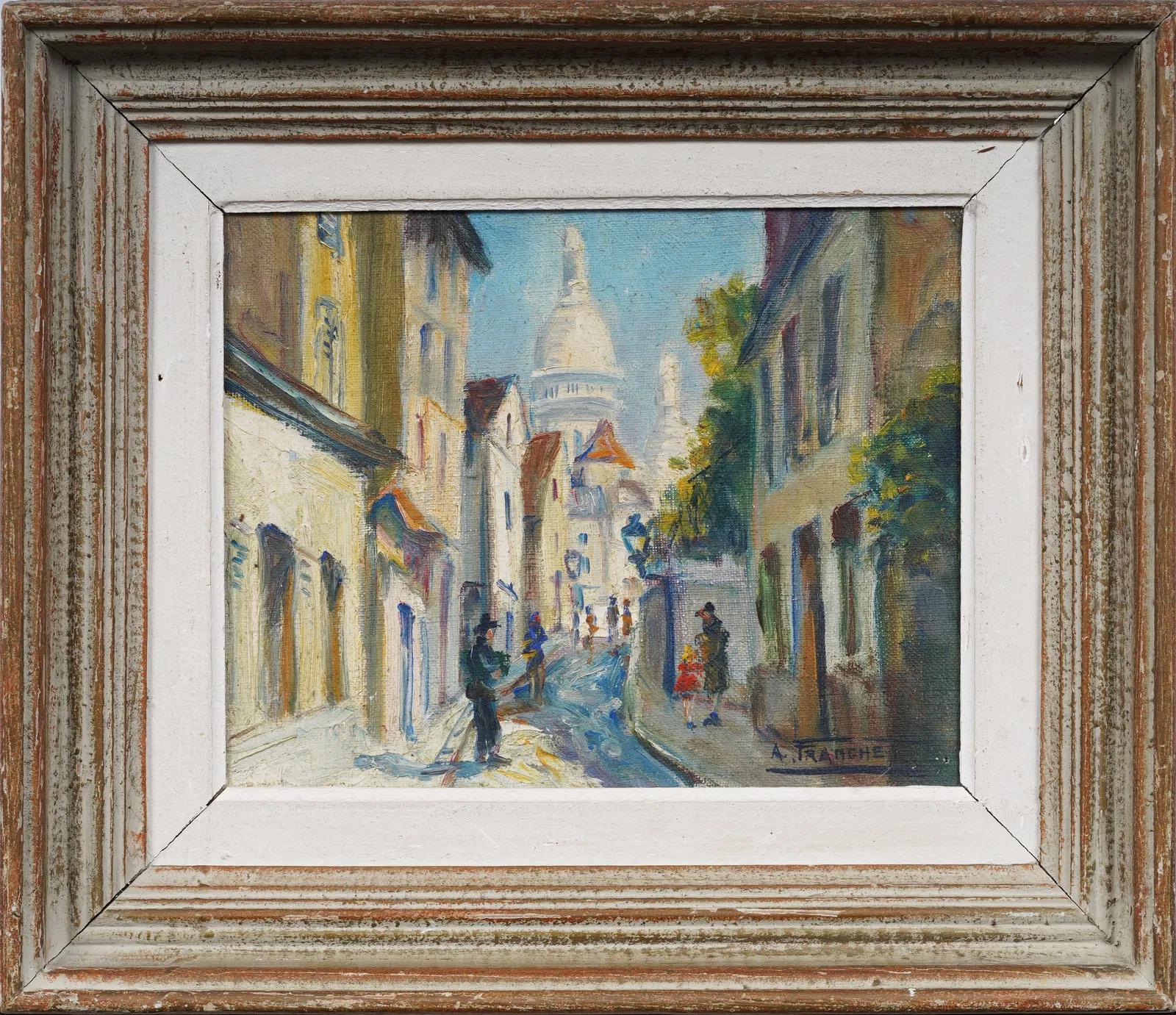 Antique French Impressionist Paris Street Scene Signed Framed Oil Painting - Brown Abstract Painting by Andre Franchet