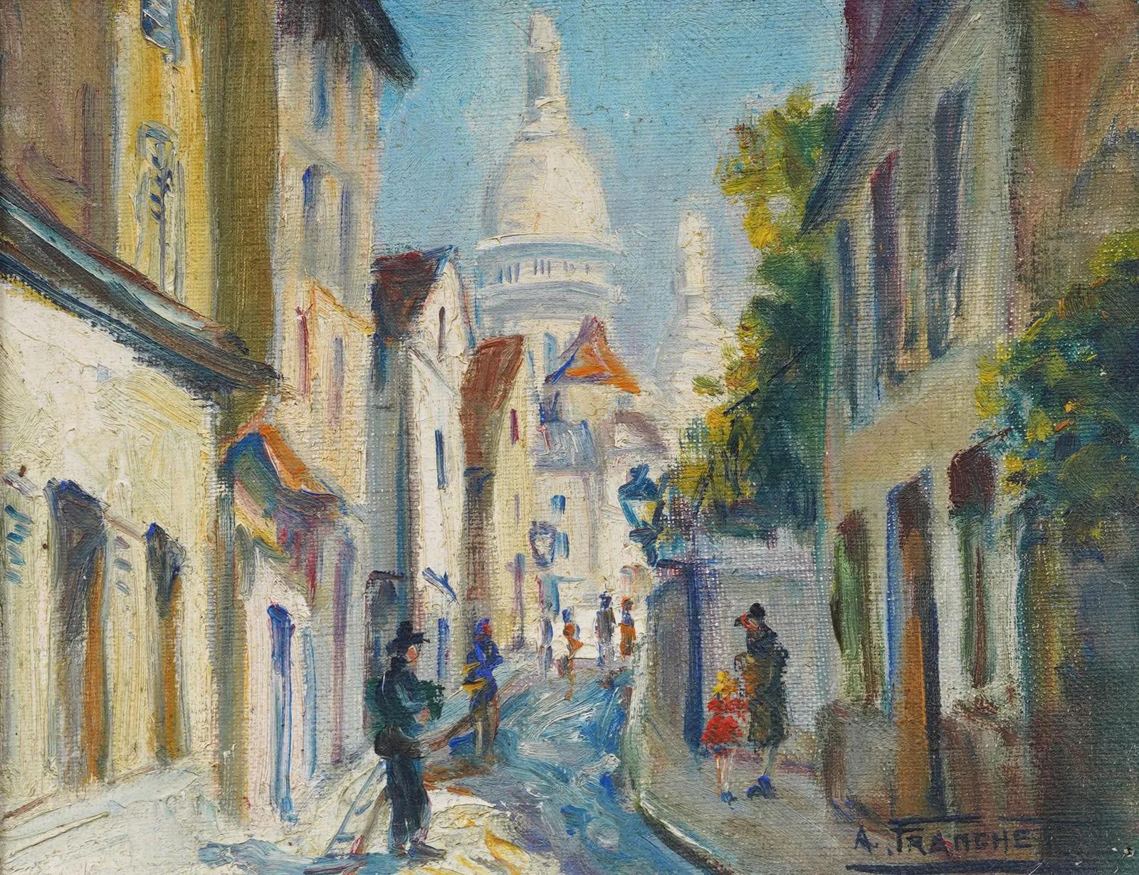 Antique French impressionist Paris street scene painting by Andre Franchet (1896 - 1961).  Oil on canvas.  Housed in a period frame.  Signed.  Very nice color and composition!