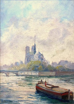 "A View of Notre-Dame" Post-Impressionist Oil Painting Parisian Street Scene