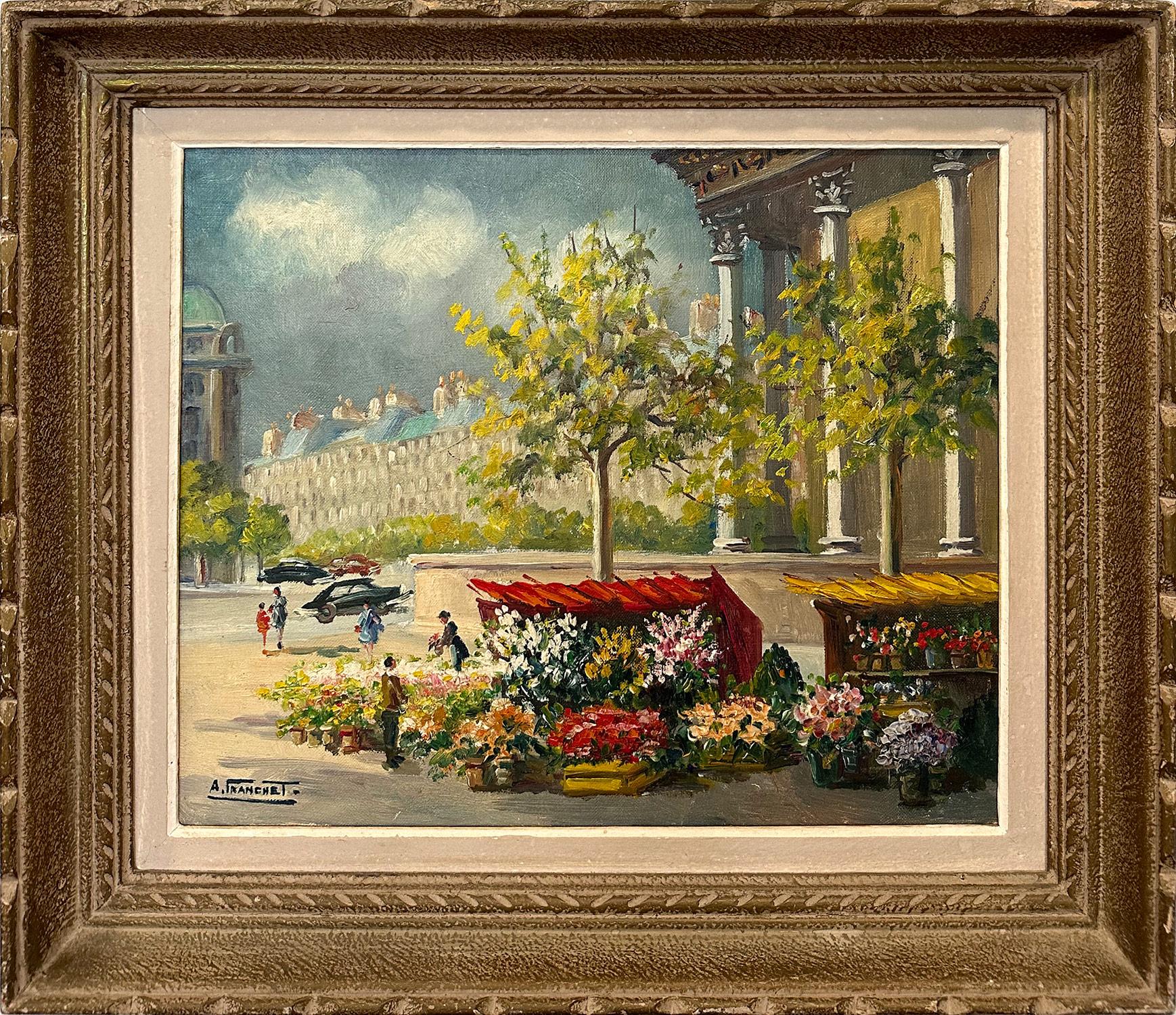 Landscape Painting di Andre Franchet - "Le Marché Aux Fleurs - Place de la Madeleine" Scena parigina post-impressionista