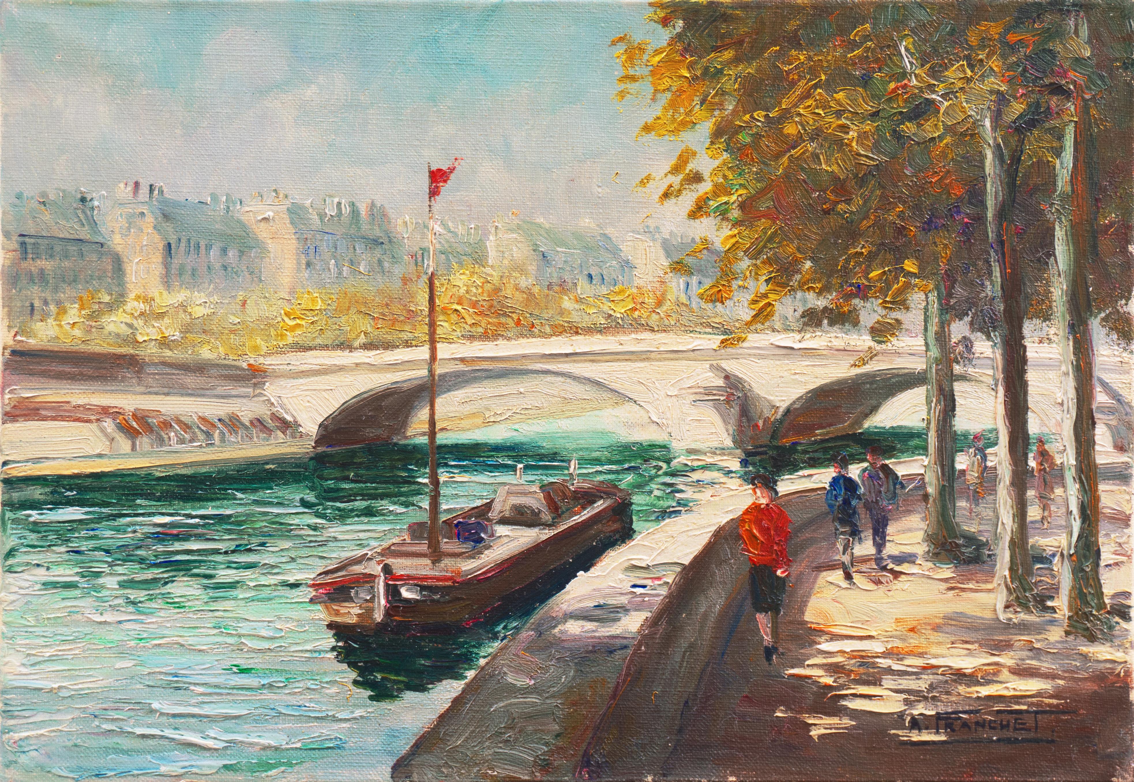 Andre Franchet Landscape Painting - 'Paris, the Seine in Spring', French Impressionist oil, Pont du Carrousel