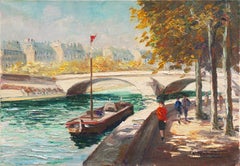 Vintage 'Paris, the Seine in Spring', French Impressionist oil, Pont du Carrousel