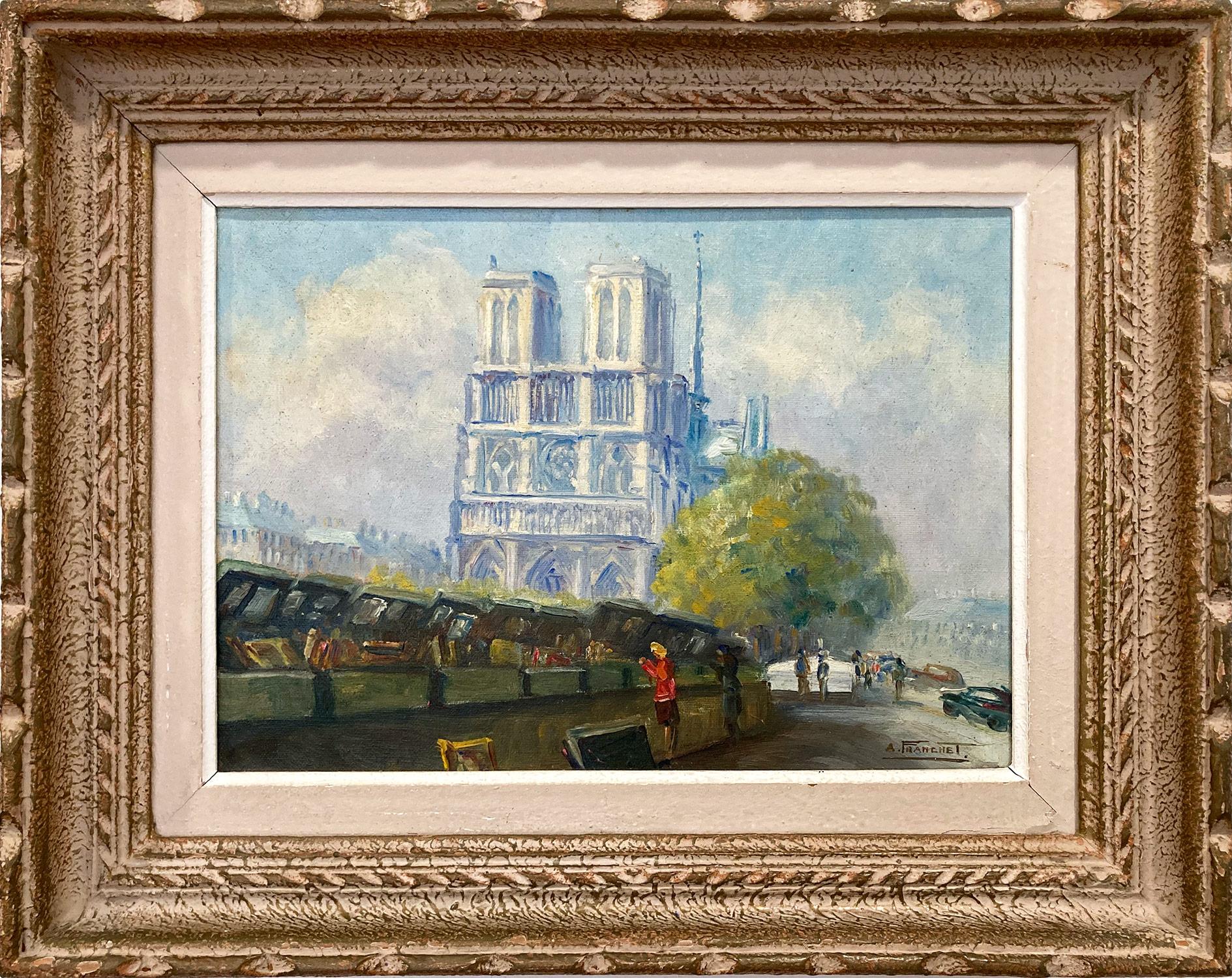 Andre Franchet Figurative Painting - "View of Paris" Post-Impressionist Parisian Street Scene with Notre Dame