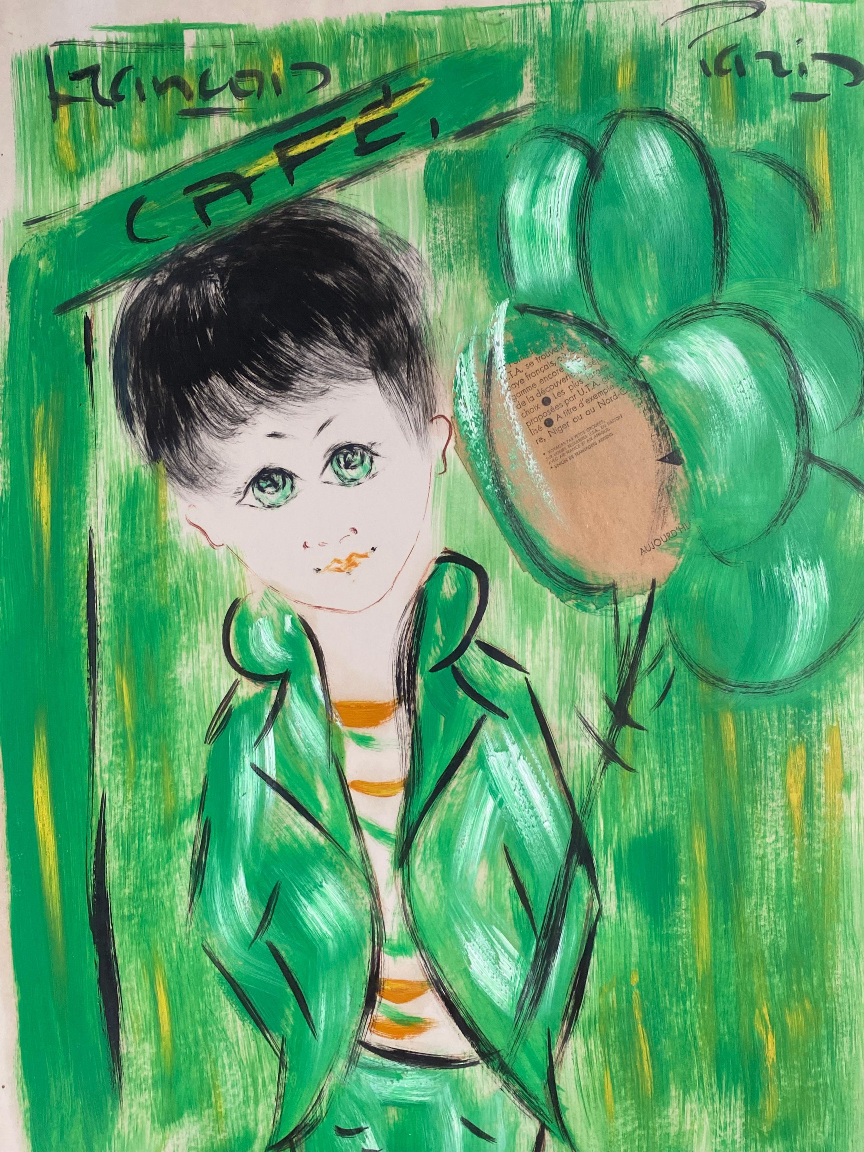 Original acrylic on heavy archival paper by the well known French artist, Andre Francois.  Signed  top left “Francois”. Condition is excellent. Circa 1965.  Young, wide eyed girl holding balloons with a cafe sign in the background. Vibrant green