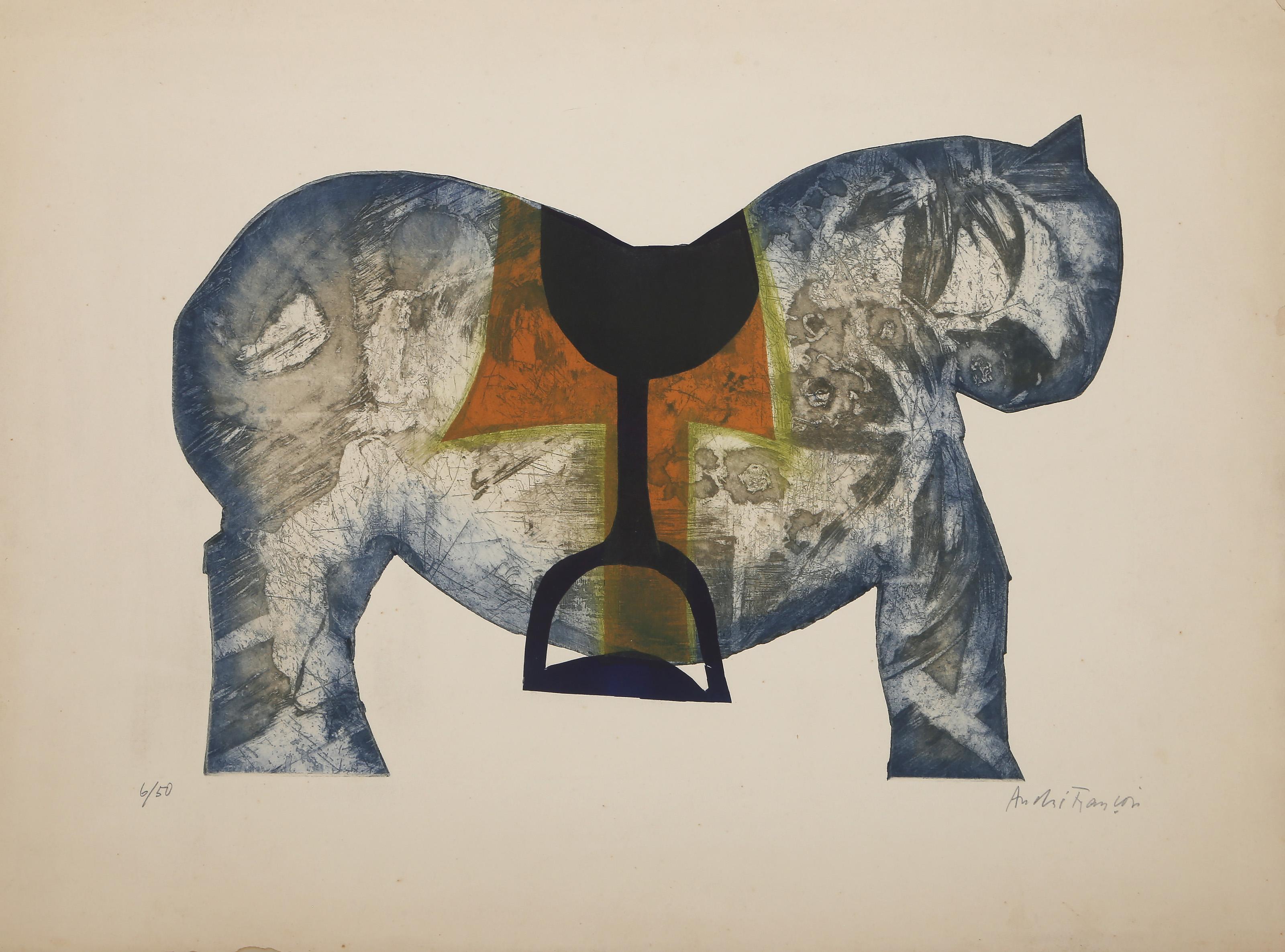 Cheval jaune et bleu, gravure et aquatinte modernes d'Andre Francois - Print de André François