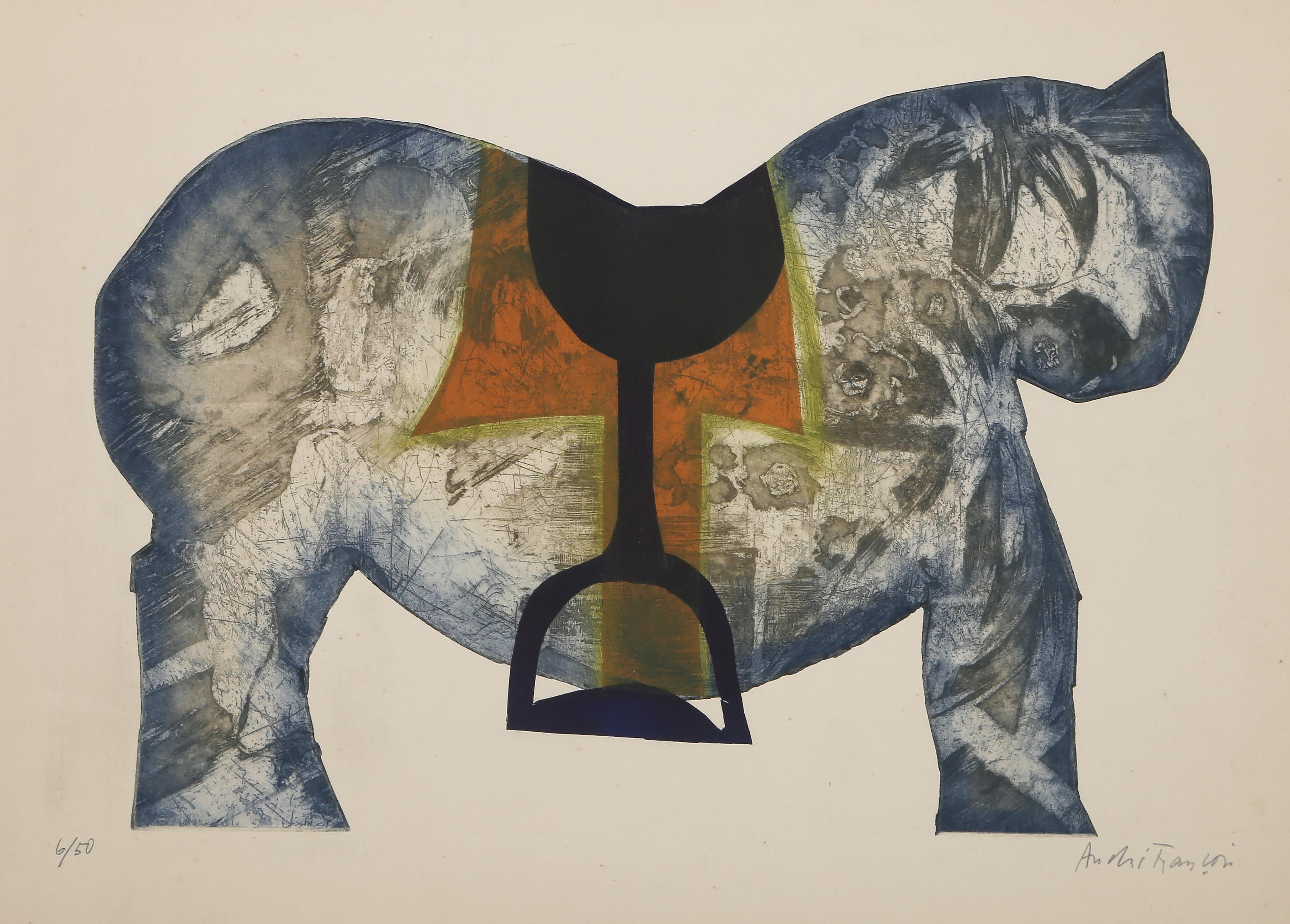 Cheval jaune et bleu, gravure et aquatinte modernes d'Andre Francois
