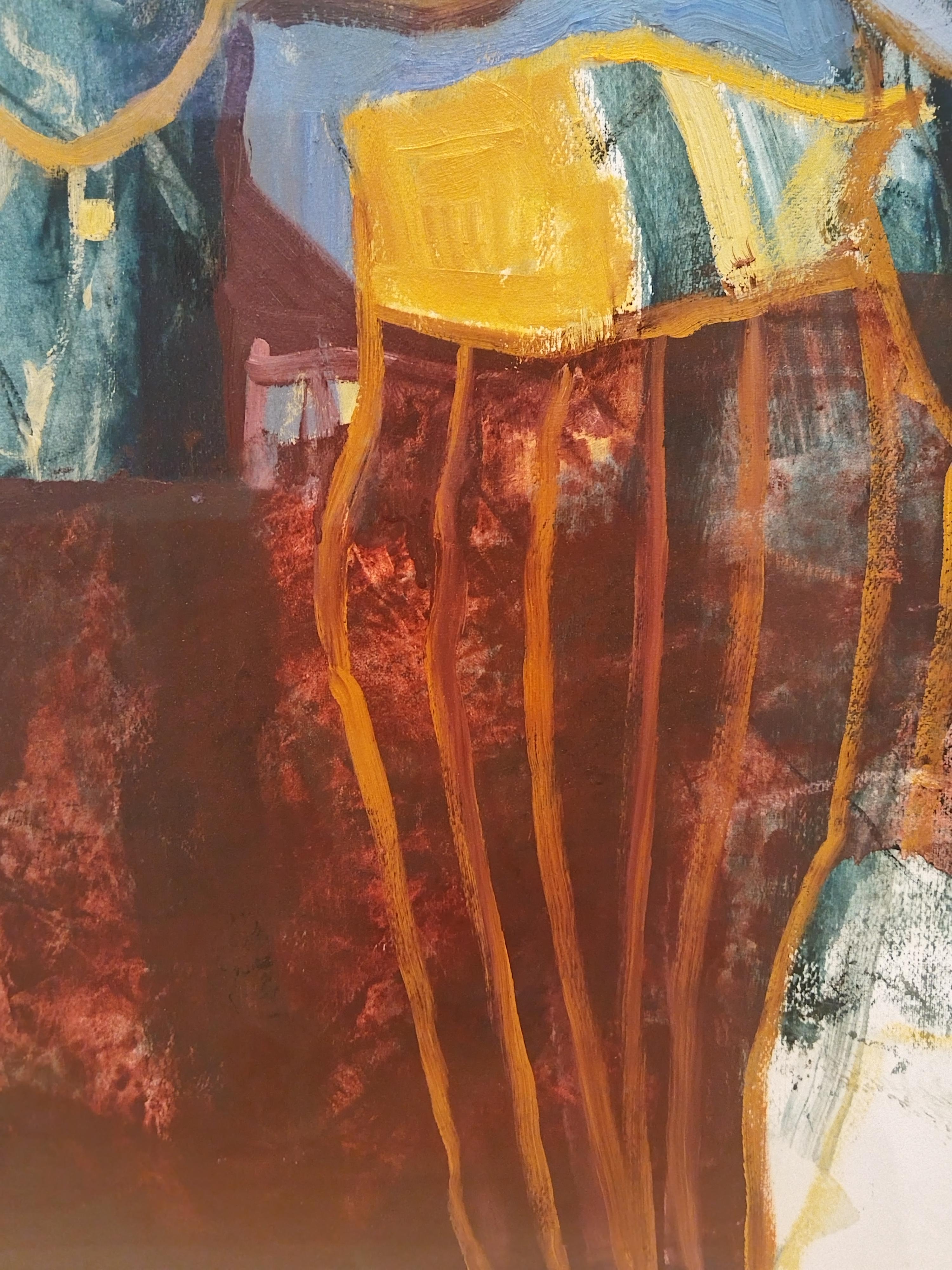 Pintura al óleo figurativa expresionista azul sobre papel 