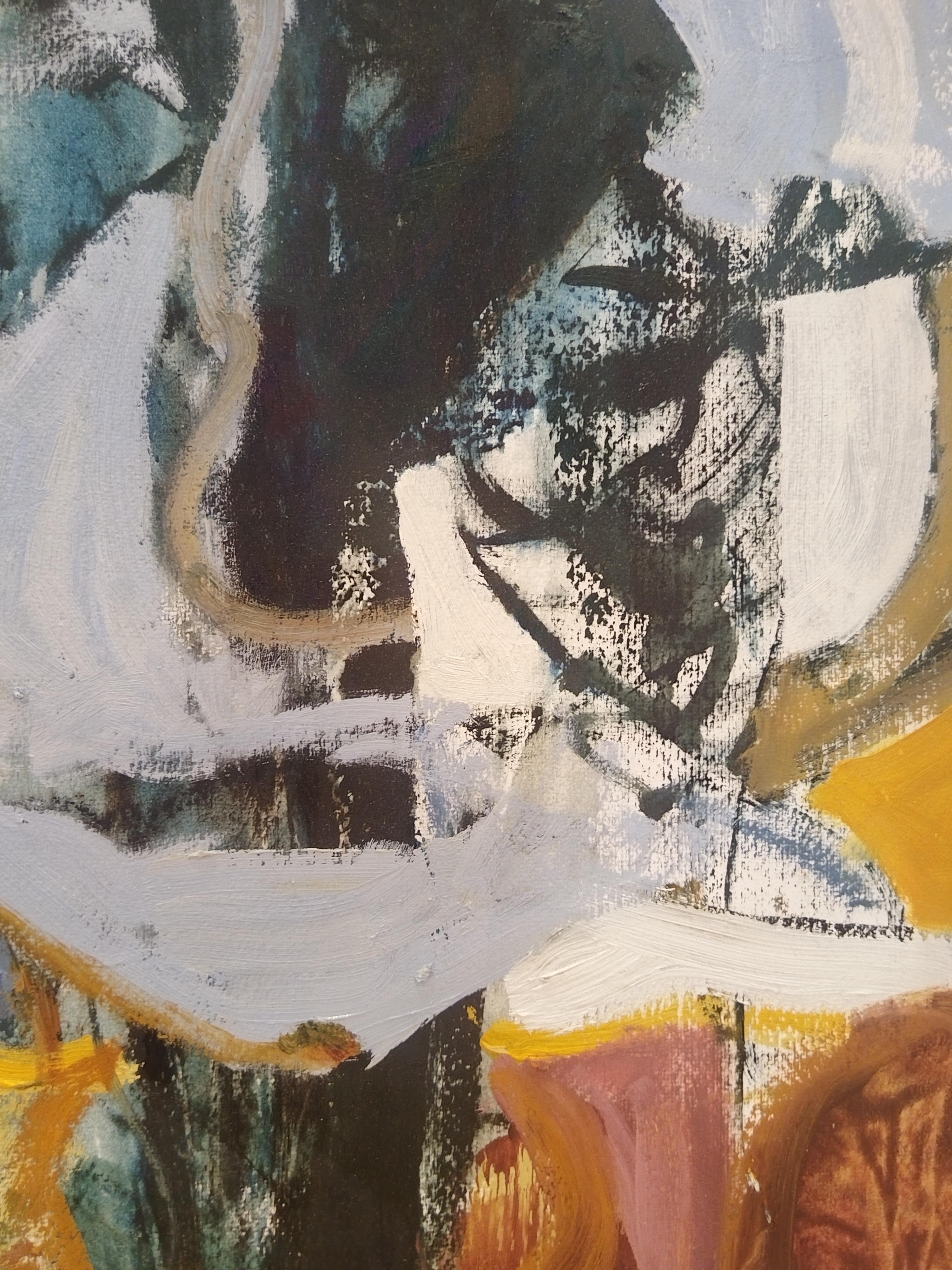 Pintura al óleo figurativa expresionista azul sobre papel 