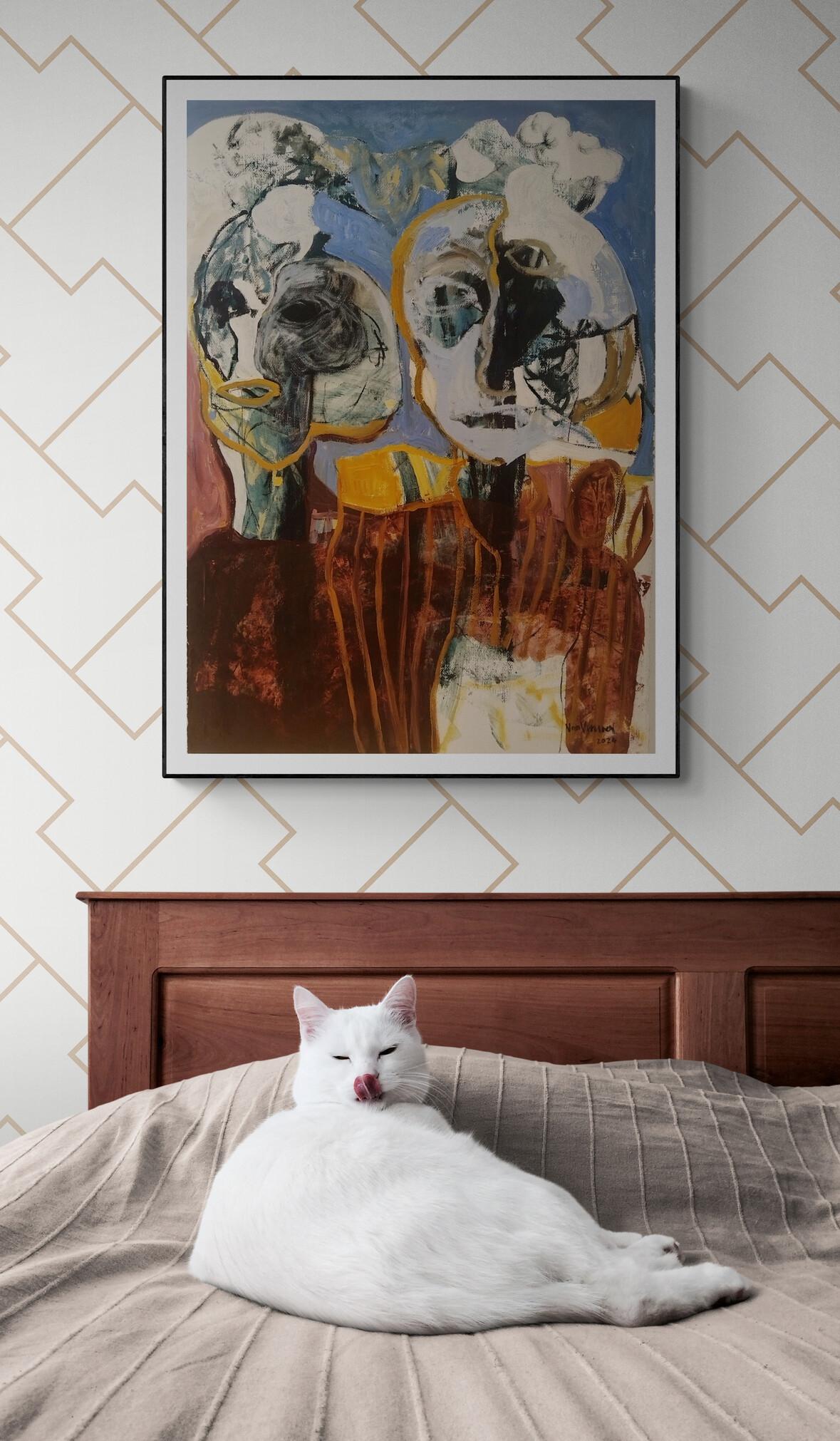 Pintura al óleo figurativa expresionista azul sobre papel 