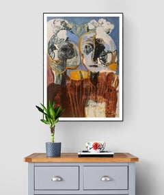 Blue Expressionist Figurative Oil Painting on Paper "Couple"