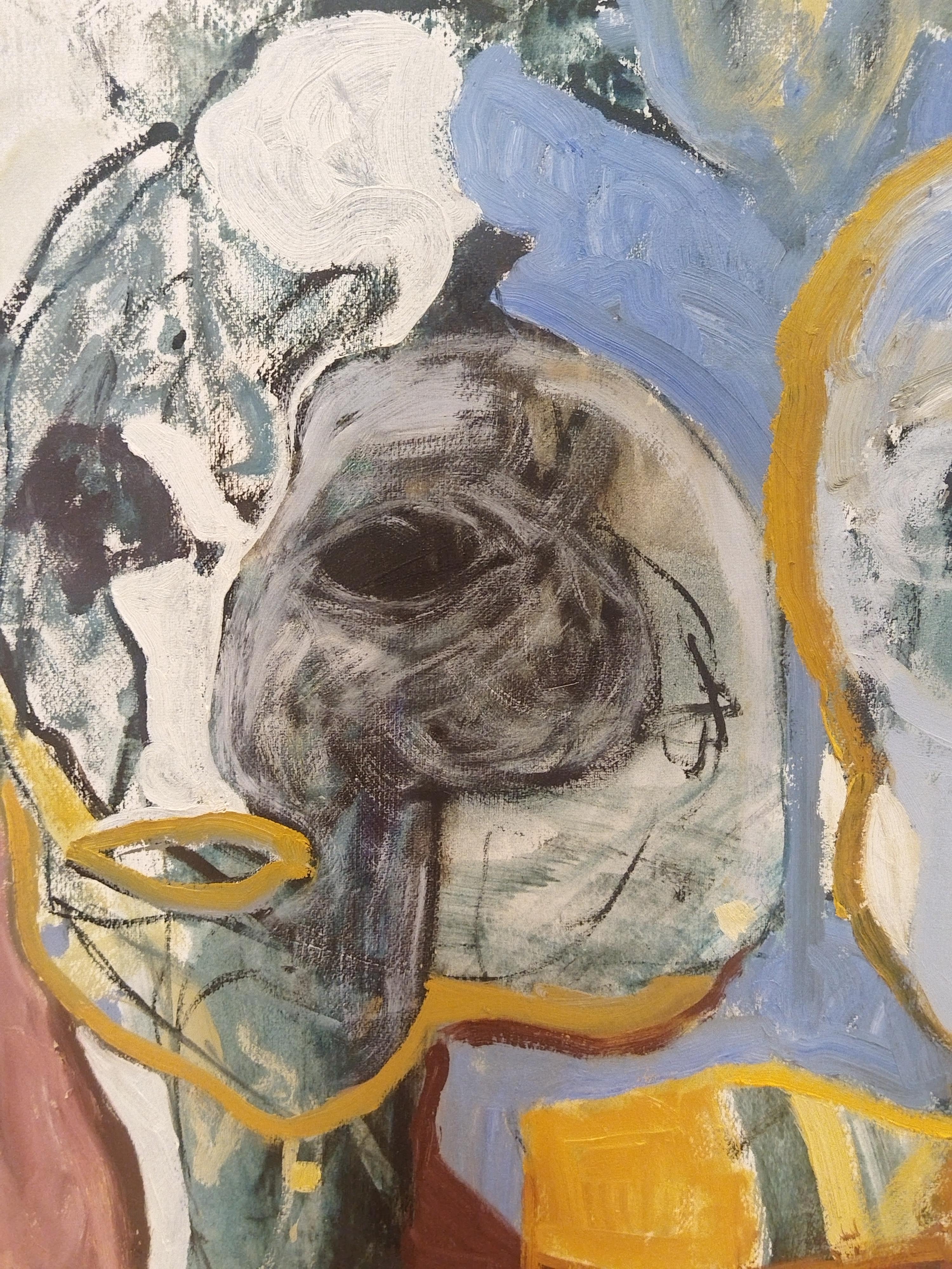 Pintura al óleo figurativa expresionista azul sobre papel 