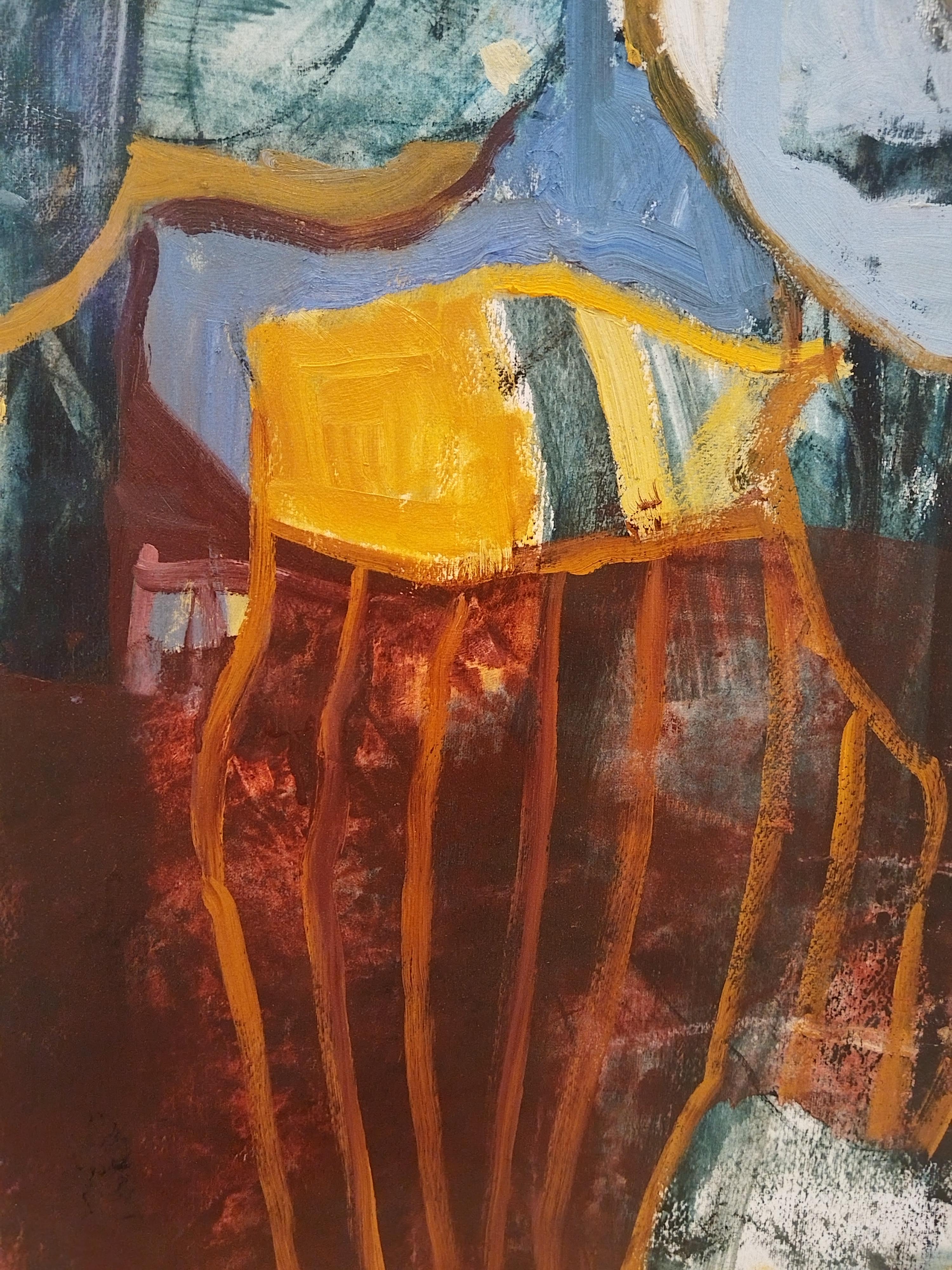 Una pintura al óleo sobre papel única, enmarcada con un fino marco de caja de aluminio negro. Las obras de arte flotaron y se elevaron hasta el tablero trasero. Listo para colgar. El tamaño de 100 x 70 cm es el de la obra en sí, excluyendo el tamaño