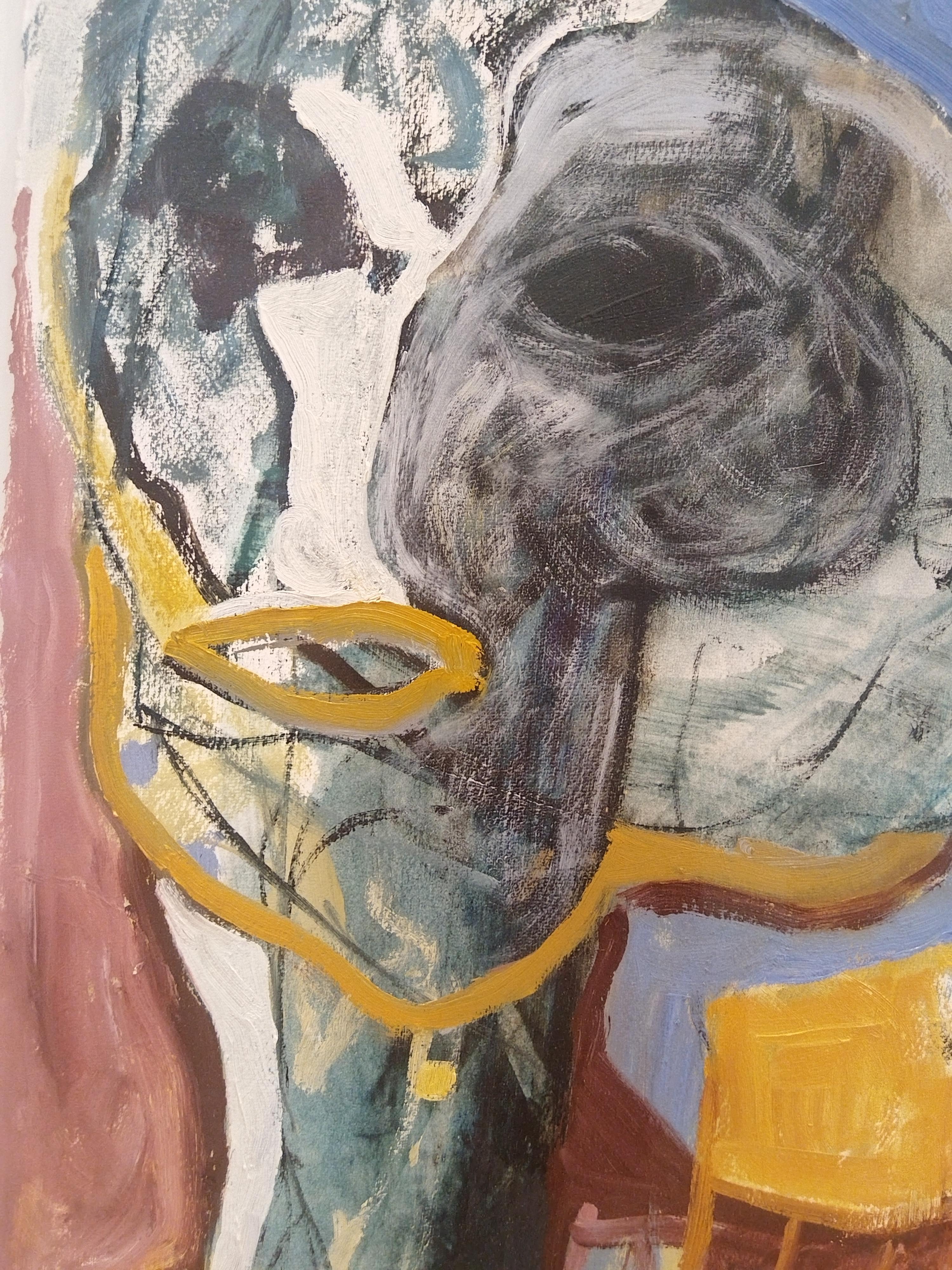Pintura al óleo figurativa expresionista azul sobre papel 