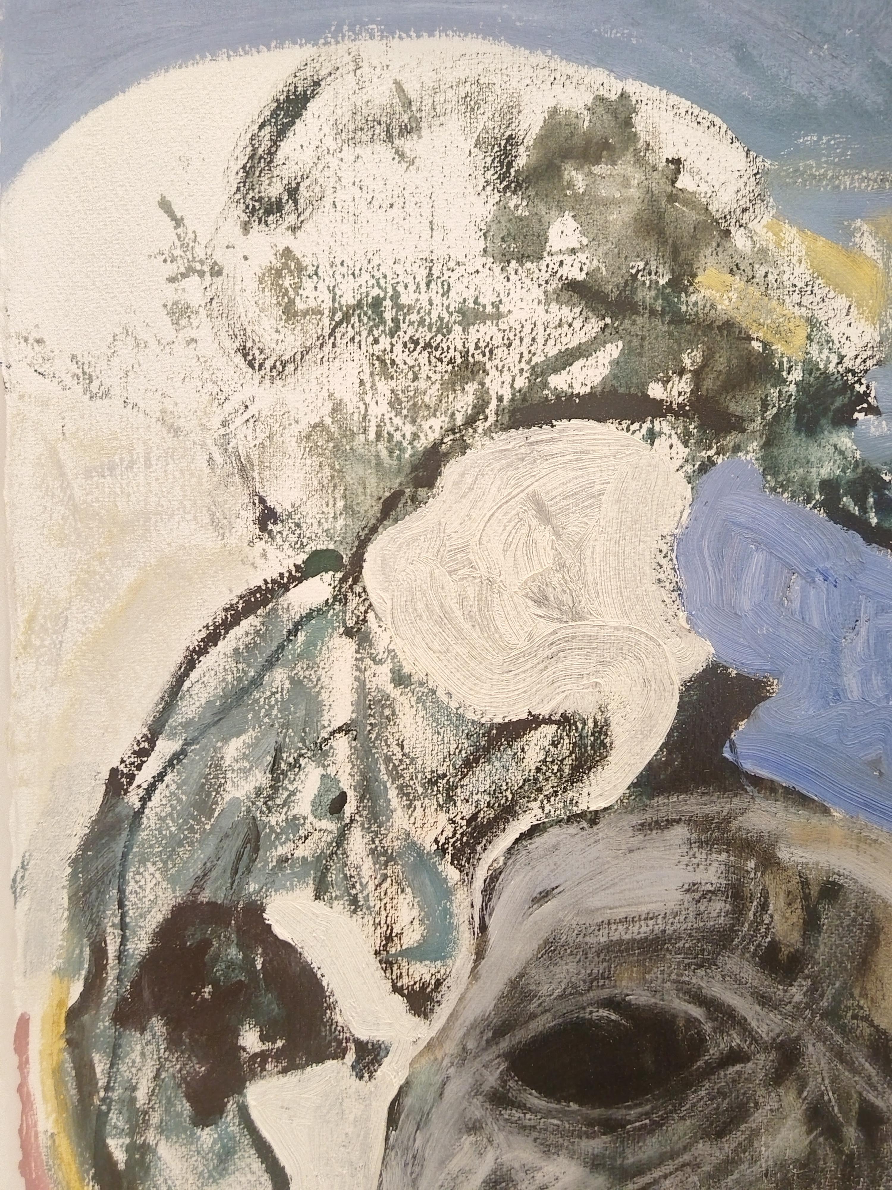 Pintura al óleo figurativa expresionista azul sobre papel 