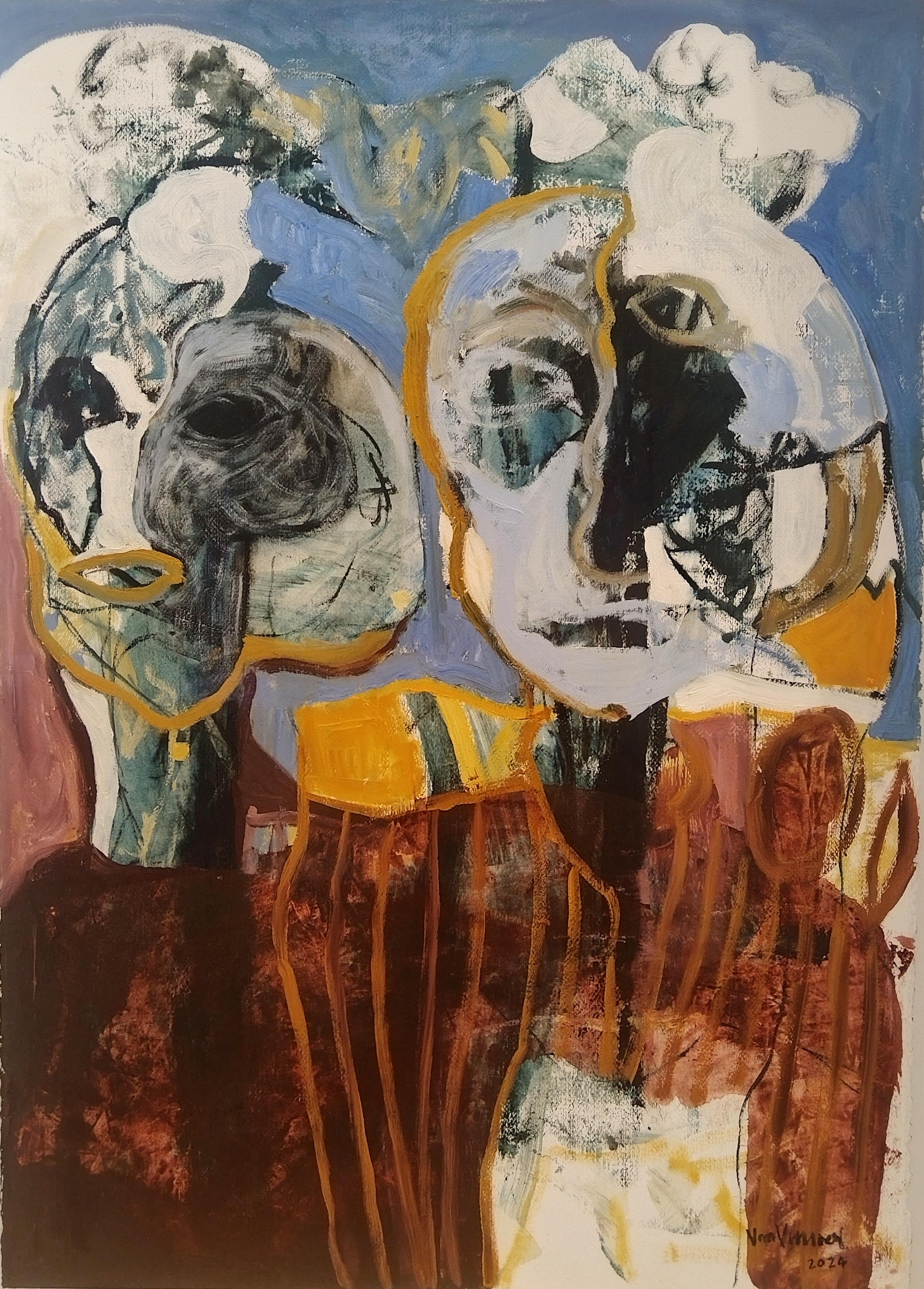 Pittura figurativa blu espressionista su carta "Coppia"