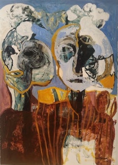 Pittura figurativa blu espressionista su carta "Coppia"