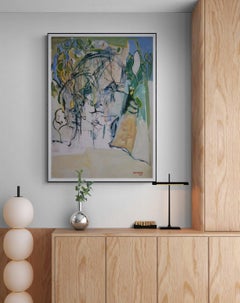 Blau, Grün und Pastelltöne – ausdrucksstarkes, figuratives Ölgemälde auf Papier in Rahmen: „Foliage“