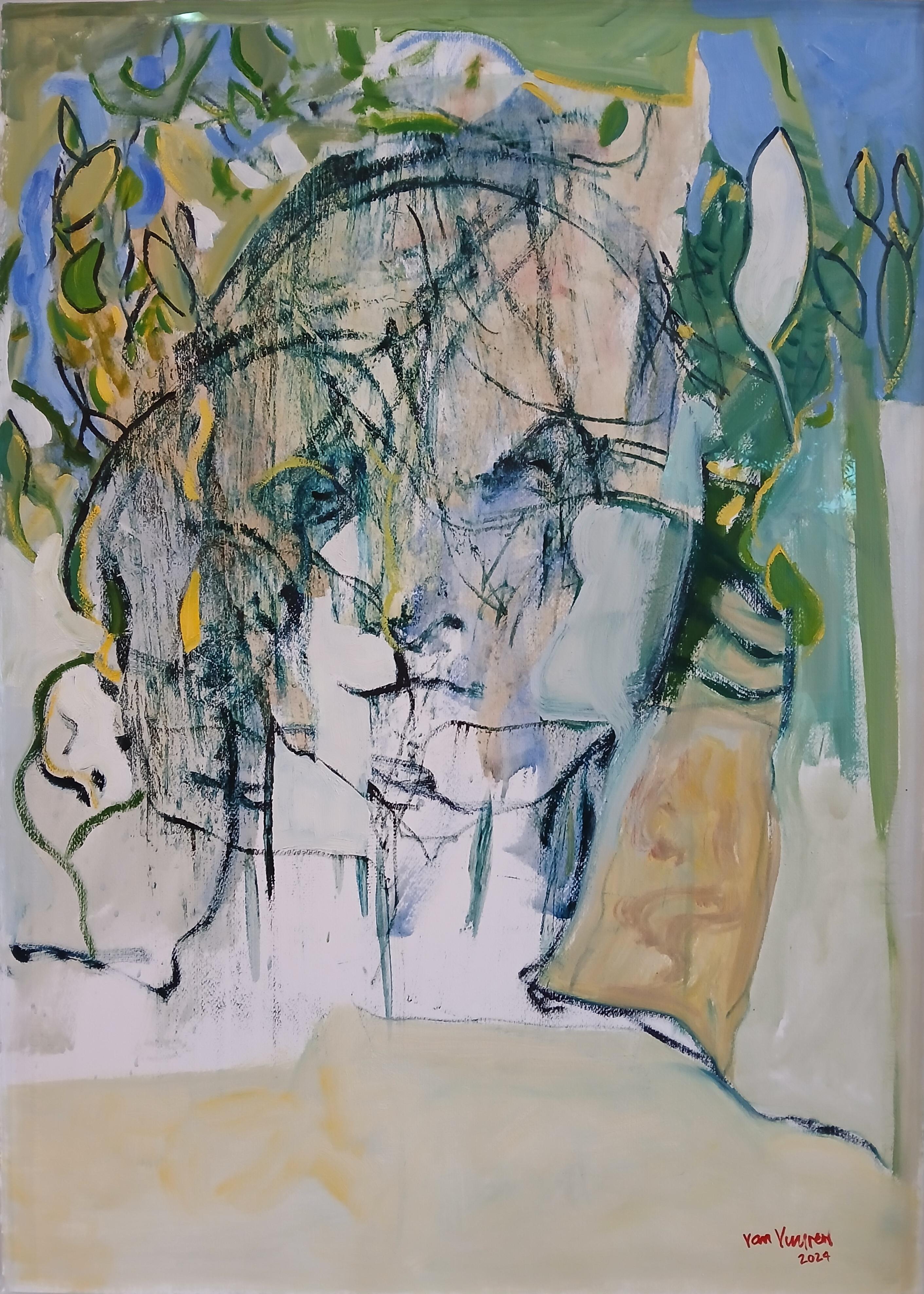 Peinture à l'huile expressive et figurative sur papier, encadrée, dans des tons bleus, verts et pastels : « Foliage »