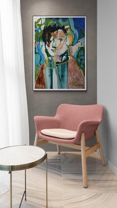 Peinture à l'huile expressive et figurative sur papier, encadrée, dans les tons de bleu, vert et rose : « Garçon »