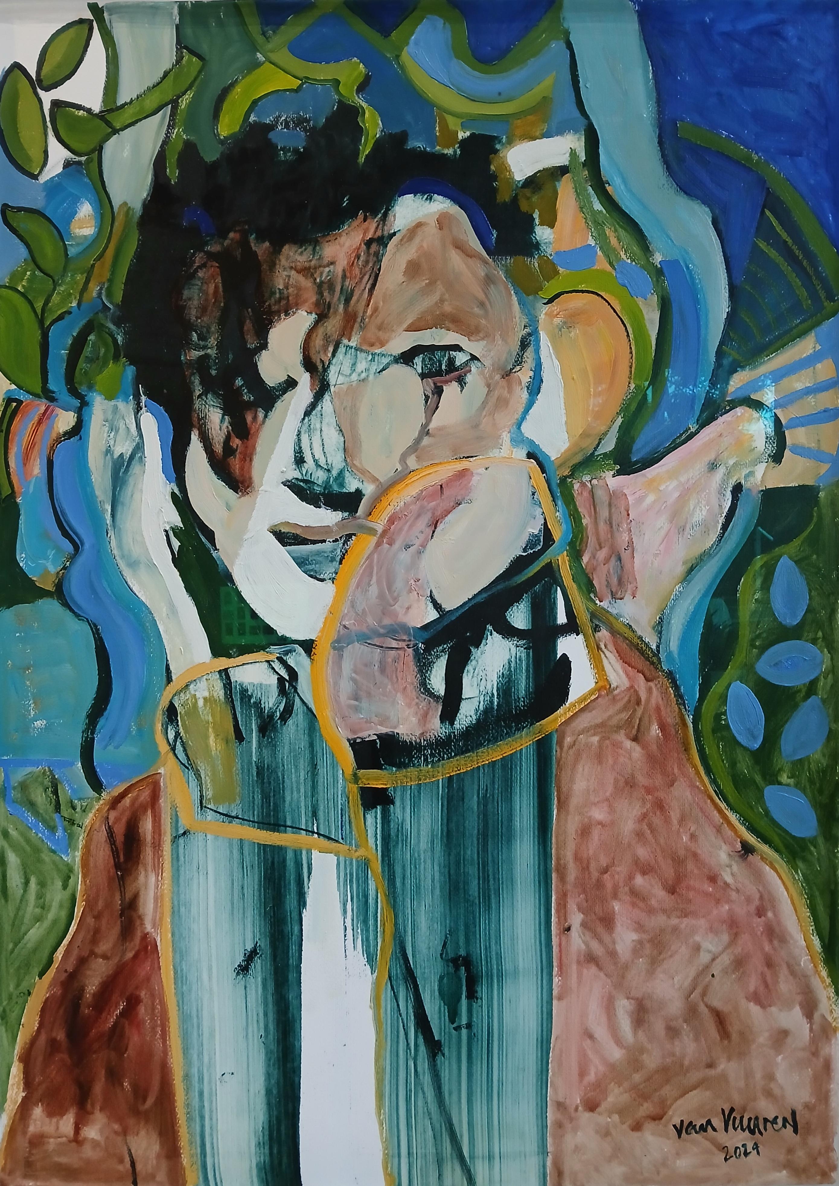 Blue, Green & Pink Expressive Figurative Framed Oil Painting on Paper "Boy"