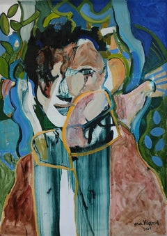 Peinture à l'huile expressive et figurative sur papier, encadrée, dans les tons de bleu, vert et rose : « Garçon »