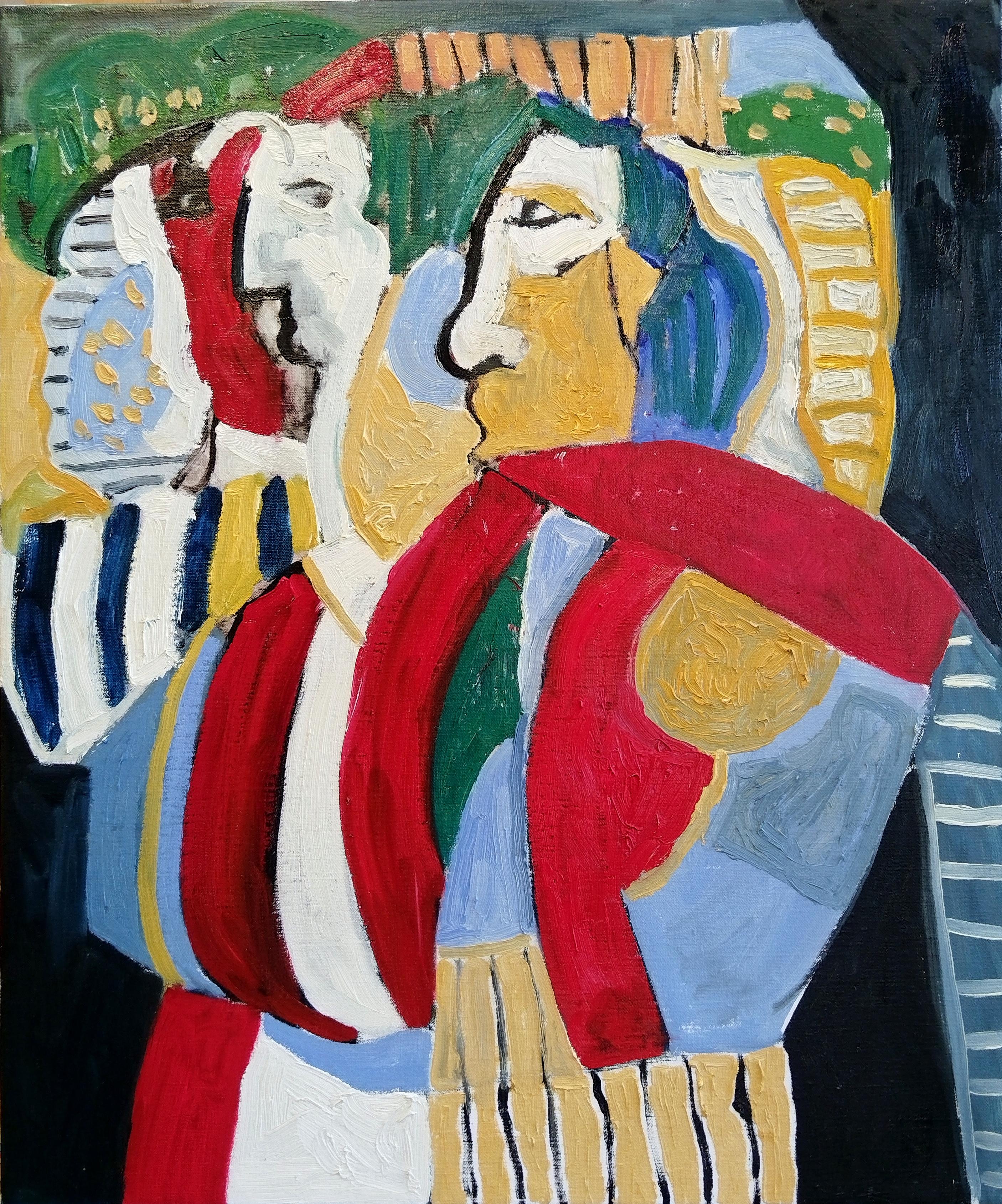 Pittura ad olio figurativa espressionista colorata "Discussione in un paesaggio