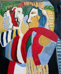Pintura al óleo figurativa expresionista de colores "Discusión en un paisaje"