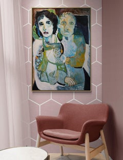 Dark Expressionist Figurative Portrait Oil Painting with Green "The Couple"